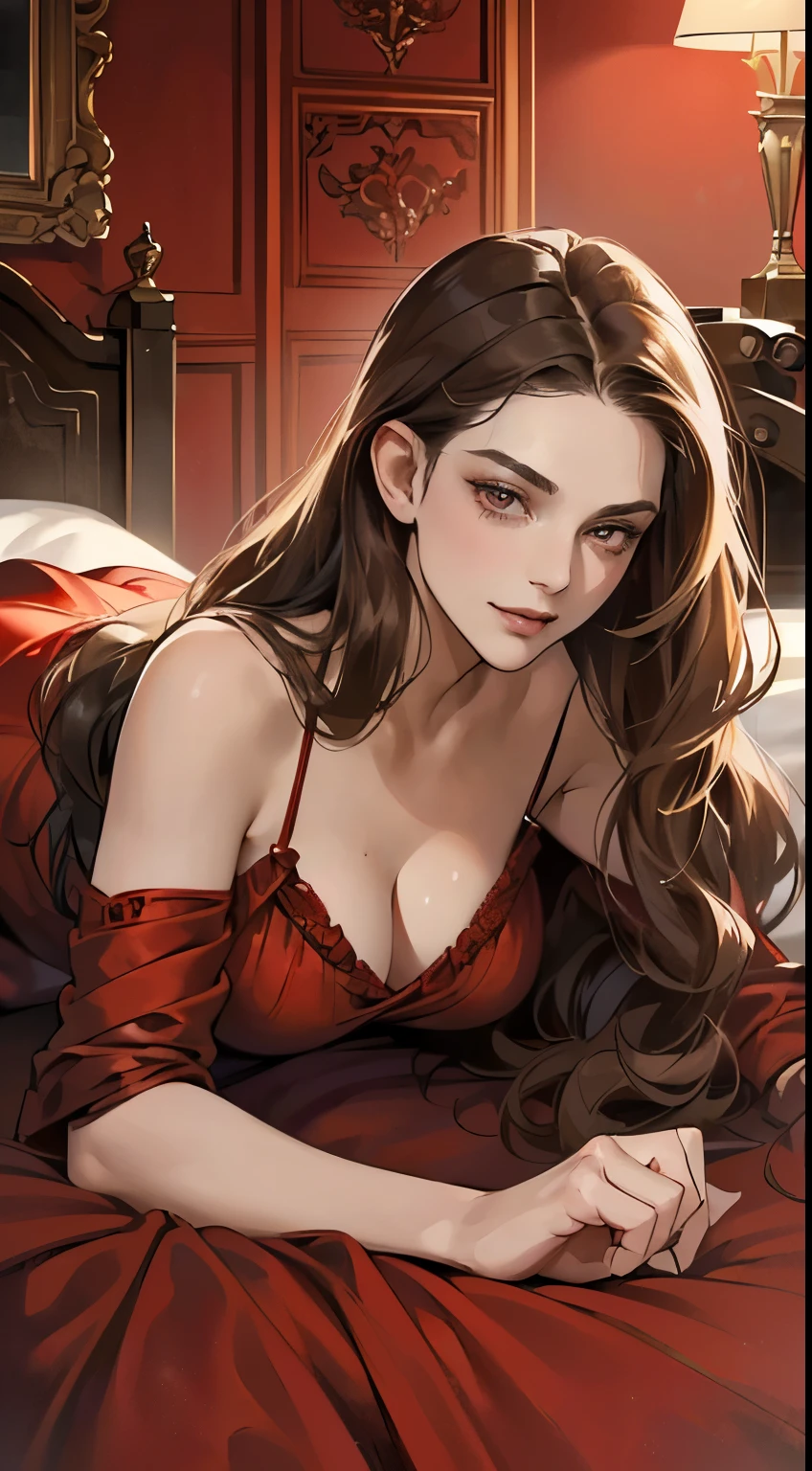 masterpiece, best quality, realistic, one mature female, 25 years old, extremely detailed face, ((brunette eyes)), ((wavy brunette hair), ((medium tits sexy red dress with lingery)), slender, Extremely delicate and elegant face, Sexy and feminine, cinematic lighting, no makeup, Victorian era, ((evil face)) smirk, lust, hot, (whole portrait), (lying on the bed)