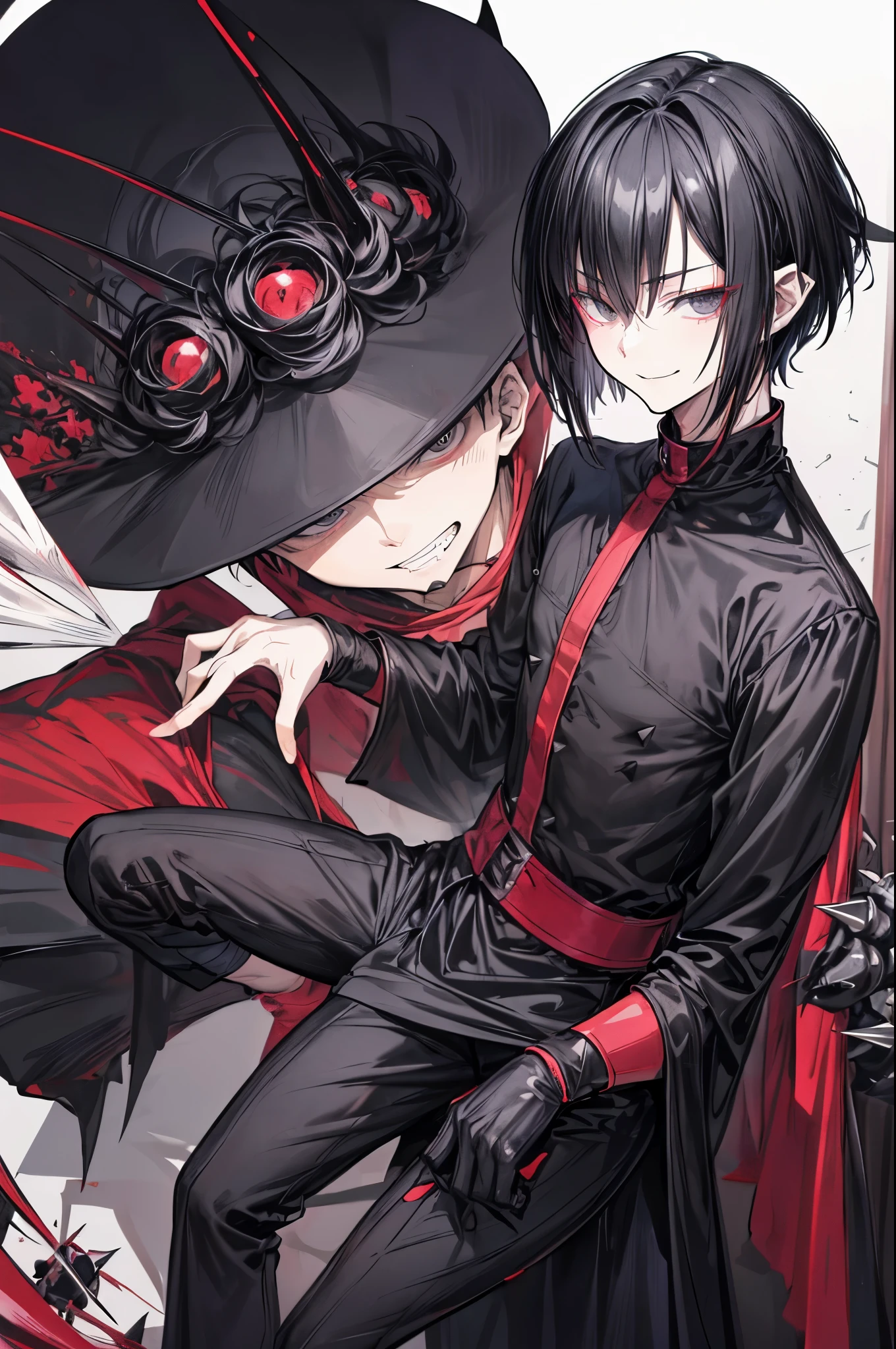 (flat color:1.1),(masterpiece:1.2), best quality, masterpiece, original, (short black spiky hair:1.2), black eyes and accents, (mature handsome anime man looking at the camera with a yandere smile expression:1.2), yandere, stalker