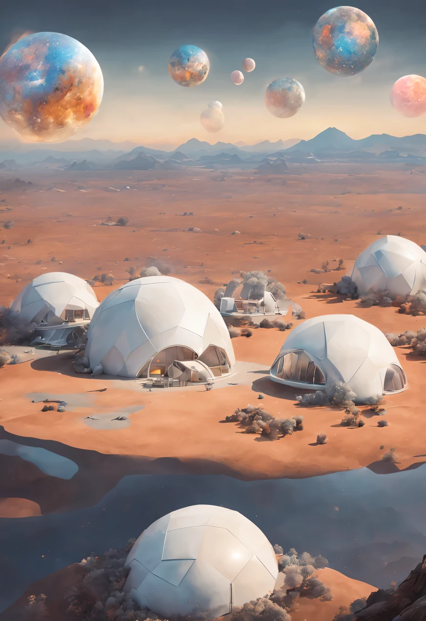 birds eye view, fireworks, fire work in sky, white vast desert with several white domes on it, 20 geodesic domes, 29 Domes, firework inn sky  fire work, moon surface, lunar surface, geodesic,20 Geodesic Dome, geodesic architecture, Domespace, Vila Solarpunk, geodesic building, hexadomo, 20 glass domes, Cantina Solarpunk, Ecovila, tone of gray white and silver, bird view, Generate a captivating image of a surreal and futuristic landscape featuring dessert, lunar surface, Picture the moon's surface transformed into a serene and otherworldly expanse, where the lunar terrain takes on a soft, ethereal quality. cosmic night sky with firework. Picture ten dome-like structures seamlessly integrated into the lunar landscape, each illuminated from within. Envision the structures as futuristic habitats, casting a gentle light on the lunar terrain. Capture the serene and surreal beauty of this lunar scene, highlighting the contrast between the pristine white surface and the softly lit domes against the lunar night sky,  fire work in the sky,