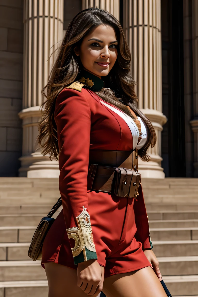 ((masterpiece)), ((best quality)), digital painting, ((photorealistic)), wide angle shooting, beautiful, sexy woman, brown eyes, long hair, eyebrows, facial details, wearing army uniform, sexy, in outside the building, sweet smile, facial details, perfect body anatomy, red jacket, epaulettes, cleavage, tight shorts, elaborate soldier uniform, hips, big thighs, cowboy shot, facing the audience, background, parliament building, Royal Palace , luxury ,sky, clouds, (super, high detail), (hyper detail) professional photographer, depth of field, sharp lighting, focus, (intricate detail), ultra UHD, 16k ​