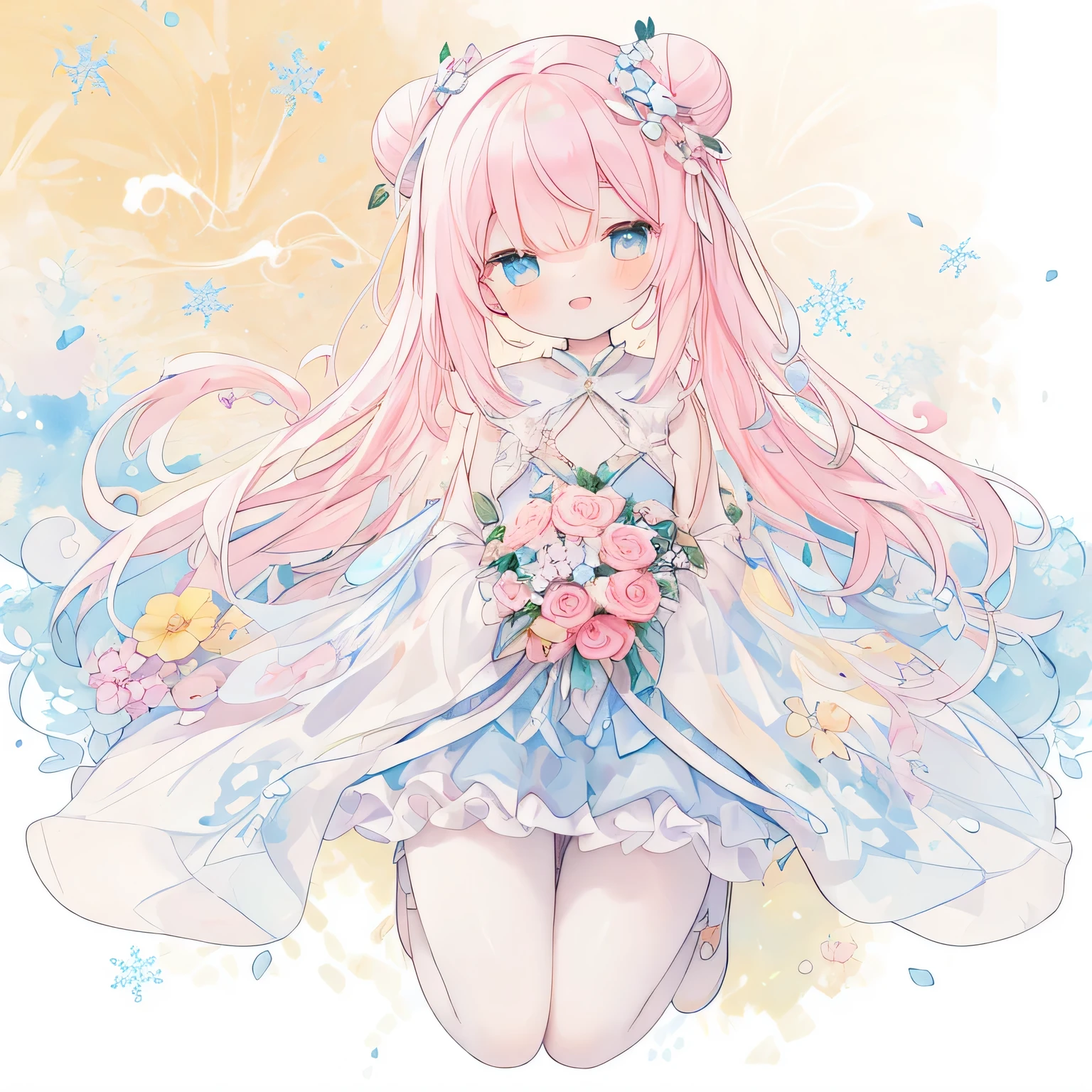 1girl in:1.aster color:1.3)、(Cute illustration:1.3)、(watercolor paiting:1.1)、(Wearing large transparent fairy wings with polka dots。。。。。。。。。。:1.3),Bright rainbow colors and sharp, bright contrast colors,Cinematic lighting, Ray tracing,Sunlight, depth of fields,Bokeh,3D background,Detailed background in perspective、Smile with open mouth、Beautifully detailed、Moya、colourfull、marble、Particles of light、patterns、looking left、Shirayuki Noel、Snowflake、beksinsky、
Detailed drawing、Vibrant colors、striking contrast、intricate detailes、Delicate depiction、Luminescent、full body Esbian、From the side、Beautiful facial features、appropriate color eyes、Wearing intricate and delicate ornaments、glowing aura、Radiant hair,Illuminated by the morning light、Summer wreaths、Pale yellow background、Fairy with a bouquet Fairy、A pink-haired、Bun head、jumpping、levitation、Thick wool gown:0.3