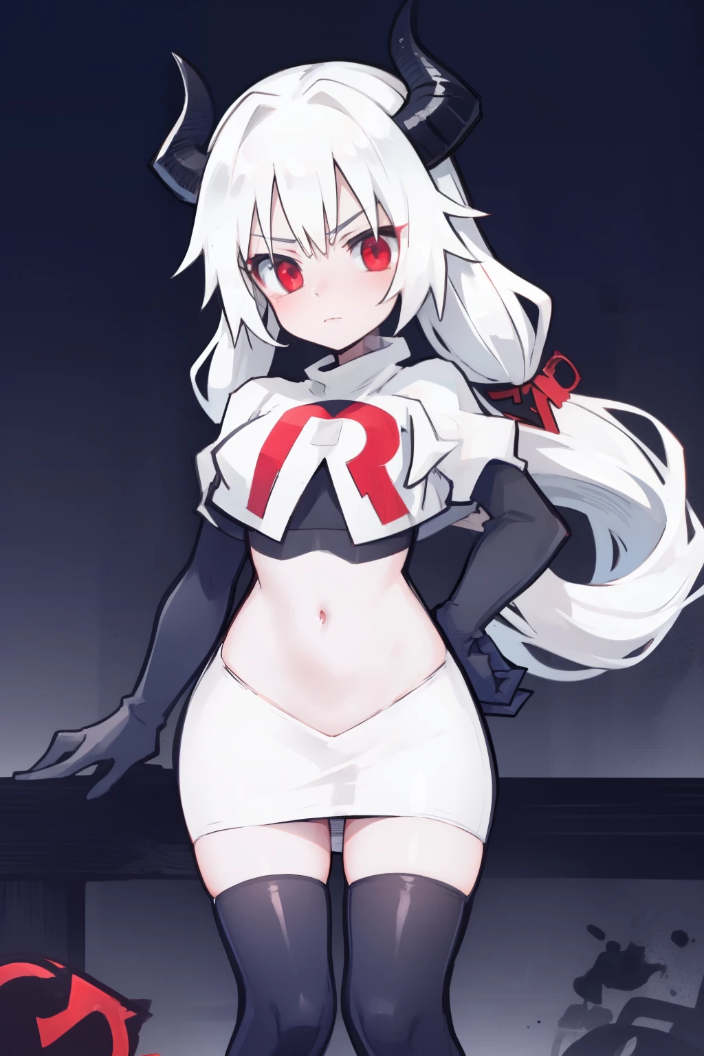 masterpiece, best quality, red eyes, white hair, twintails,black hair ribbons,demon horns, demon tail,team rocket,team rocket uniform,white skirt,red letter R,crop top,black thigh-highs,black elbow gloves, comic strip
