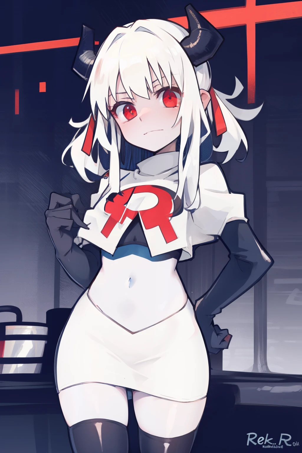 masterpiece, best quality, red eyes, white hair, twintails,black hair ribbons,demon horns, demon tail,team rocket,team rocket uniform,white skirt,red letter R,crop top,black thigh-highs,black elbow gloves, comic strip