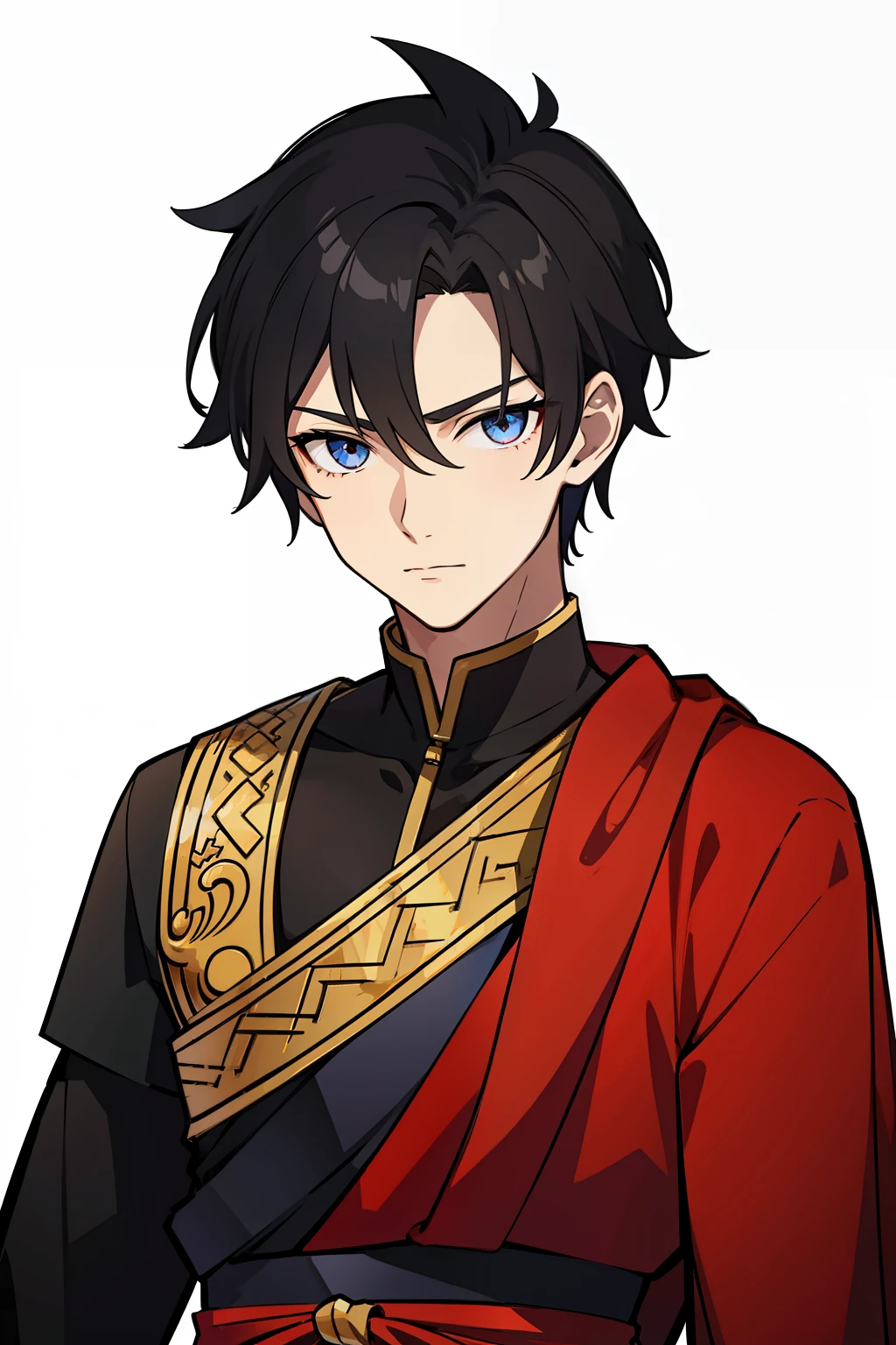 (high-quality, breathtaking),(expressive eyes, perfect face) 1boy, boy, solo, black hair, red coloured eyes, slightly narrowed eyes, comma forehead hair, korean hair, street style, looking at viewer, portrait, ancient greek clothes, red and black tunic, greek, gold sash, music inspired background, related to Orpheus, left ear red earring
