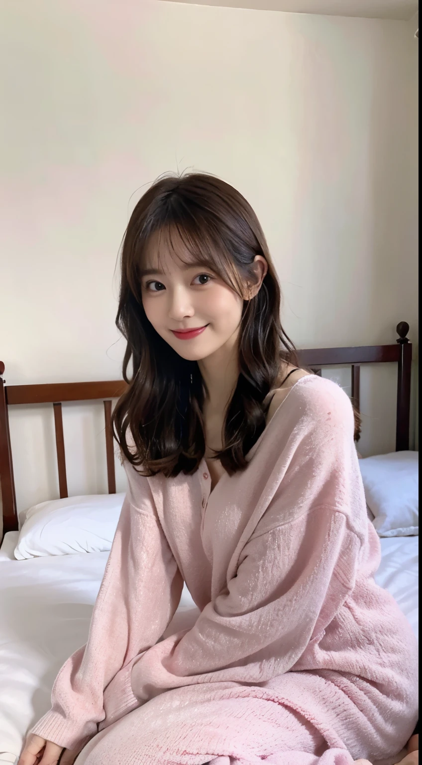 Photo of a beautiful woman in a feminine decorated room, in pajamas, Kneeling with a smile, she is covered most of the time, The messy hair on the bed showed that she had just woken up.