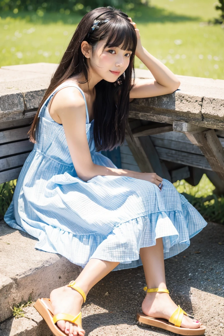 Beautiful girl wearing a summer dress、years、japanes、(heavy wind)、wistfulness、Black hair straight long hair、With bangs、lose consciousness and lie on your back、A look of relief、sandal、sole of feet、