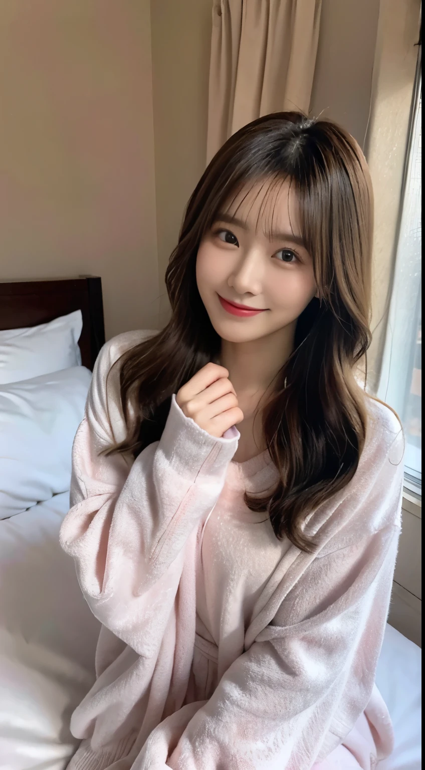 Photo of a beautiful woman in a feminine decorated room, in pajamas, Kneeling with a smile, she is covered most of the time, The messy hair on the bed showed that she had just woken up.