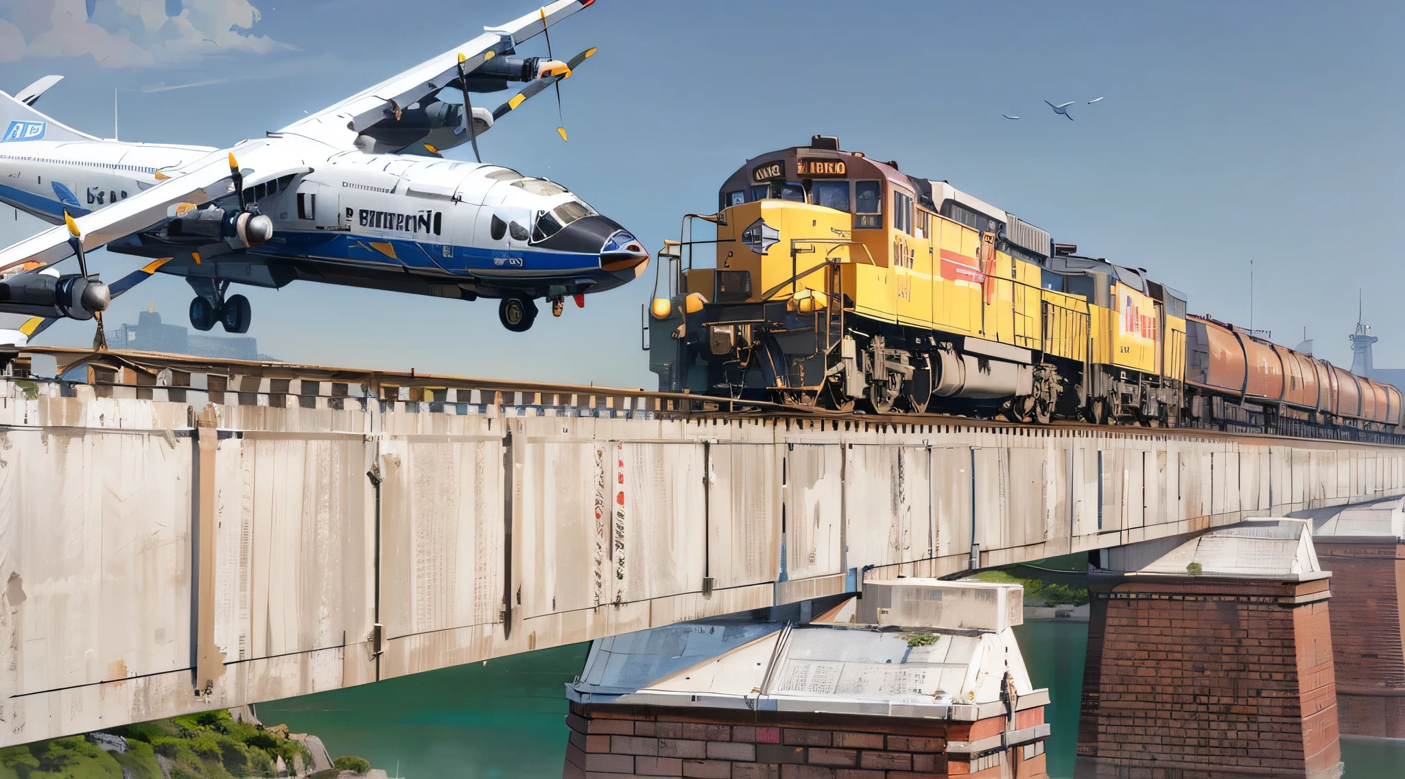 plane flying over a bridge with a train on it, a hyper realistic, cg art, by Wayne England, an ultra realistic, soaring towers and bridges, photo render, highly_detailed!!, realistic scene, highly rendered!!, looks realistic, in game graphic, photo illustration, advertising photo, super realistic”, hyper realistic”, hyper realistic ”, pc screenshot