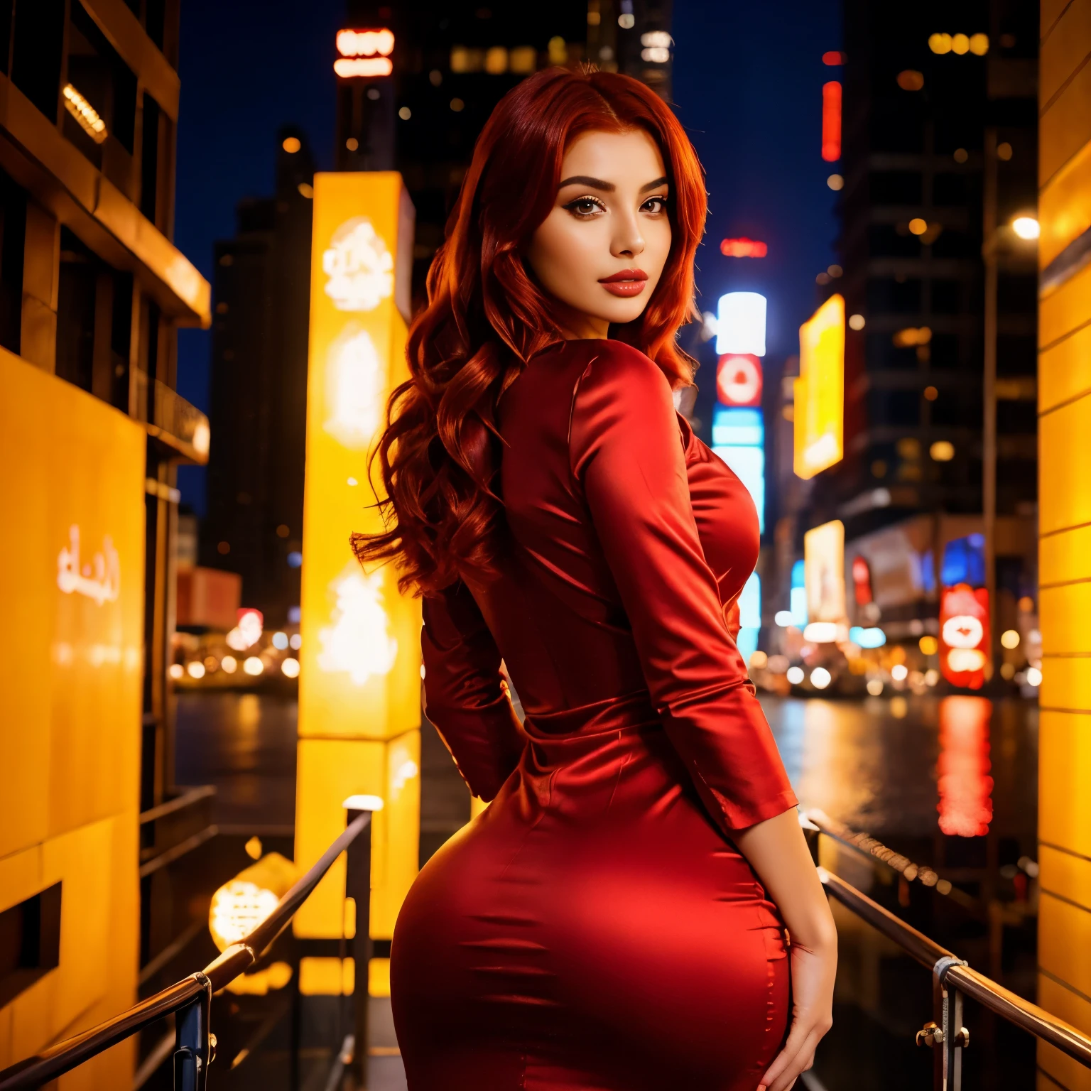 a woman with red hair, arabic goddess, traditional beauty, arabic, beautiful goddess, middle eastern girl, arabic super model, beautiful, gorgeous woman, middle eastern with long, sweet shy arabic, gorgeous beautiful woman, Arabian aesthetic, beautiful middle eastern girl, extremely detailed goddess shot, jaw-dropping beauty, full body length, spotlights behind her, full height, wearing a beautiful red dress, in New York City showing her ass new years, red hair, fiery red hair, happy, showing her ass wearing a tight red dress, new york city background, back view