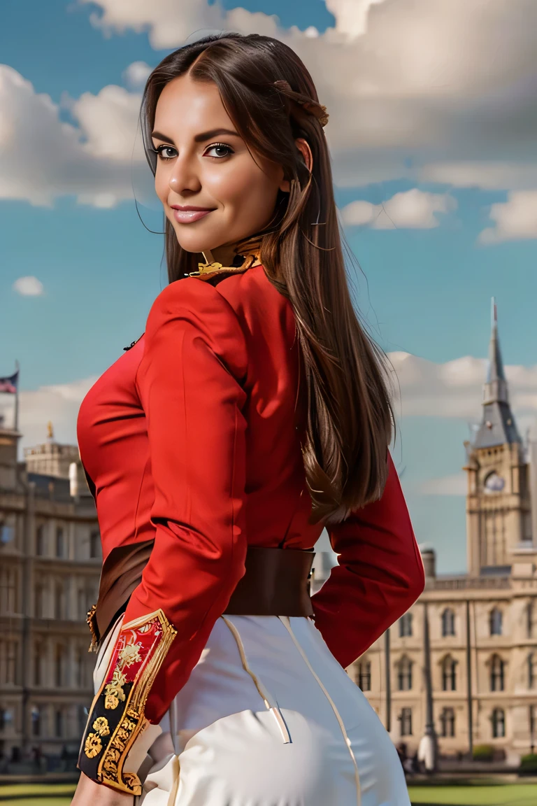 ((masterpiece)), ((best quality)), digital painting, ((photorealistic)), wide angle shooting, beautiful, sexy woman, brown eyes, long hair, eyebrows, facial details, wearing royal clothing, British royal guard, sexy, outdoors, sweet smile, facial details, perfect body anatomy, (red jacket, epaulettes), cleavage, (tight short white skirt), elaborate soldier uniform, hips, big thighs, cowboy shot, facing the viewer, background Back, parliament building, Royal Palace, luxury, sky, clouds, (super, high detail), professional photographer (hyper detail), depth of field, sharp lighting, focus, (intricate detail), ultra UHD, 16k​ ​