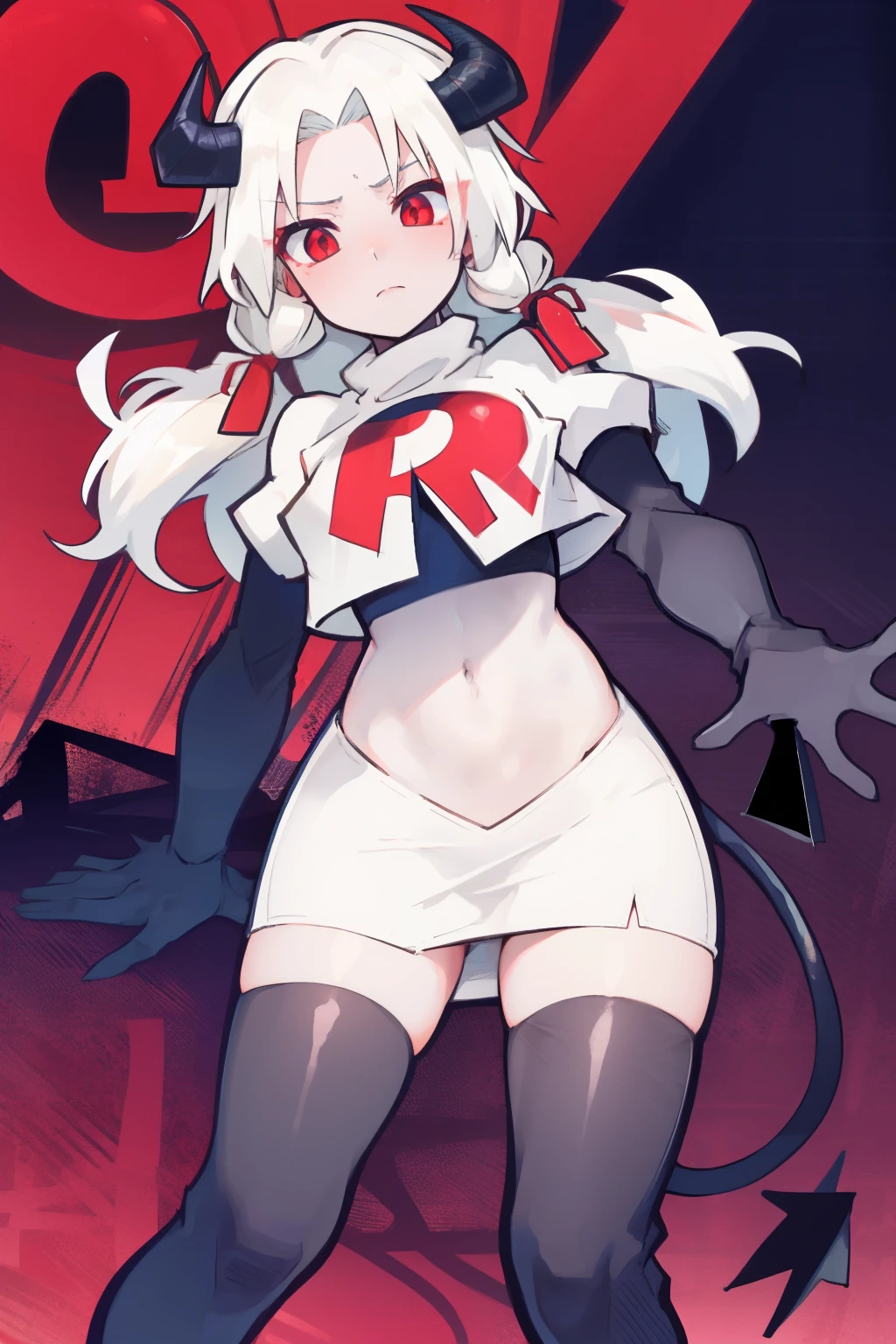 masterpiece, best quality, red eyes, white hair, twintails,black hair ribbons,demon horns, demon tail,team rocket,team rocket uniform,white skirt,red letter R,crop top,black thigh-highs,black elbow gloves, comic strip
