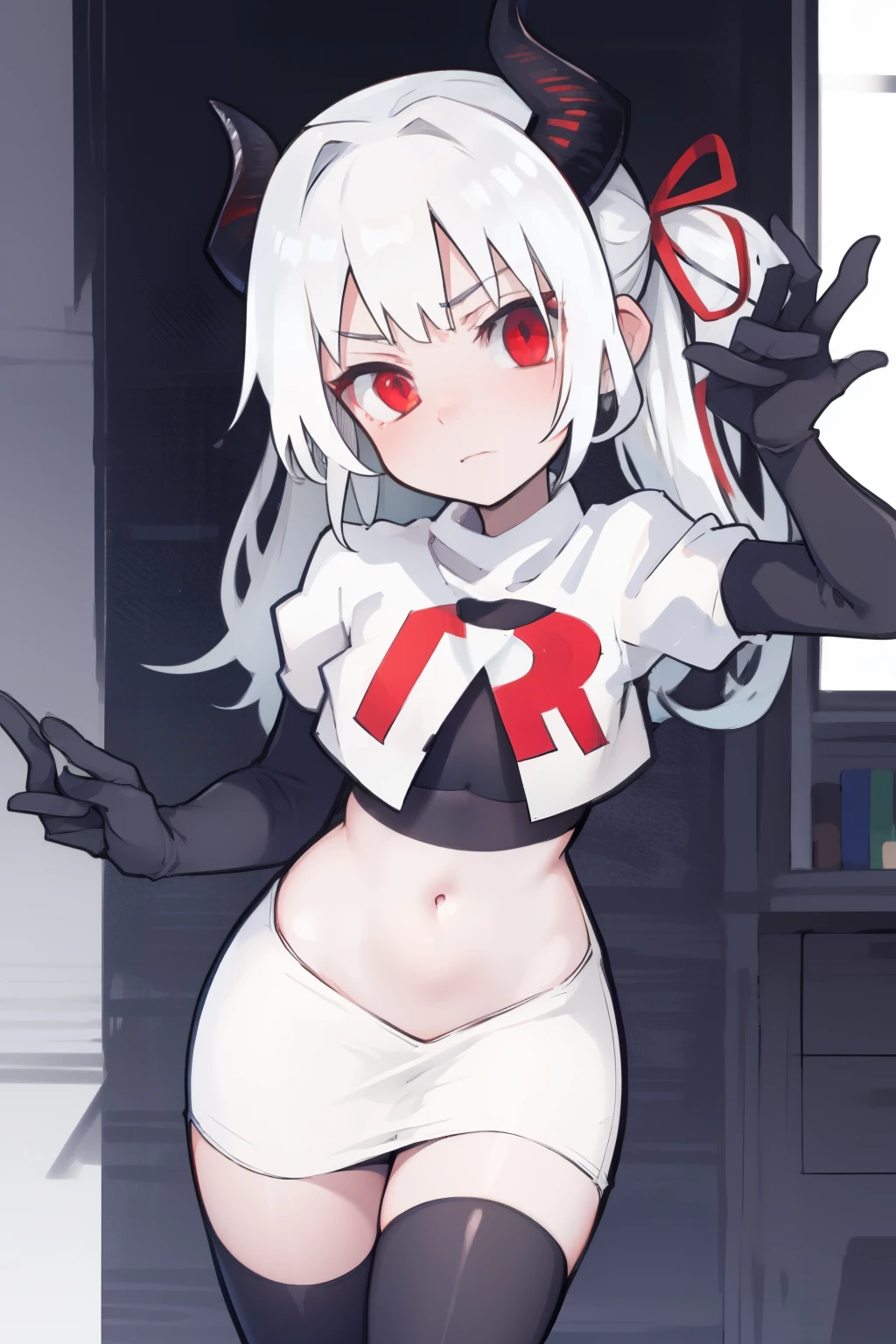 masterpiece, best quality, red eyes, white hair, twintails,black hair ribbons,demon horns, demon tail,team rocket,team rocket uniform,white skirt,red letter R,crop top,black thigh-highs,black elbow gloves, comic strip