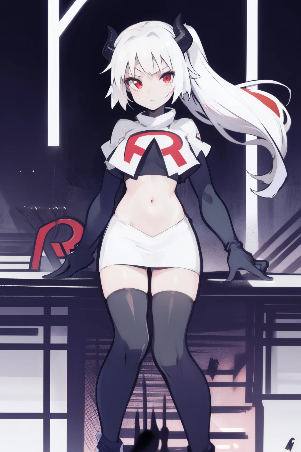 masterpiece, best quality, red eyes, white hair, twintails,black hair ribbons,demon horns, demon tail,team rocket,team rocket uniform,white skirt,red letter R,crop top,black thigh-highs,black elbow gloves, comic strip