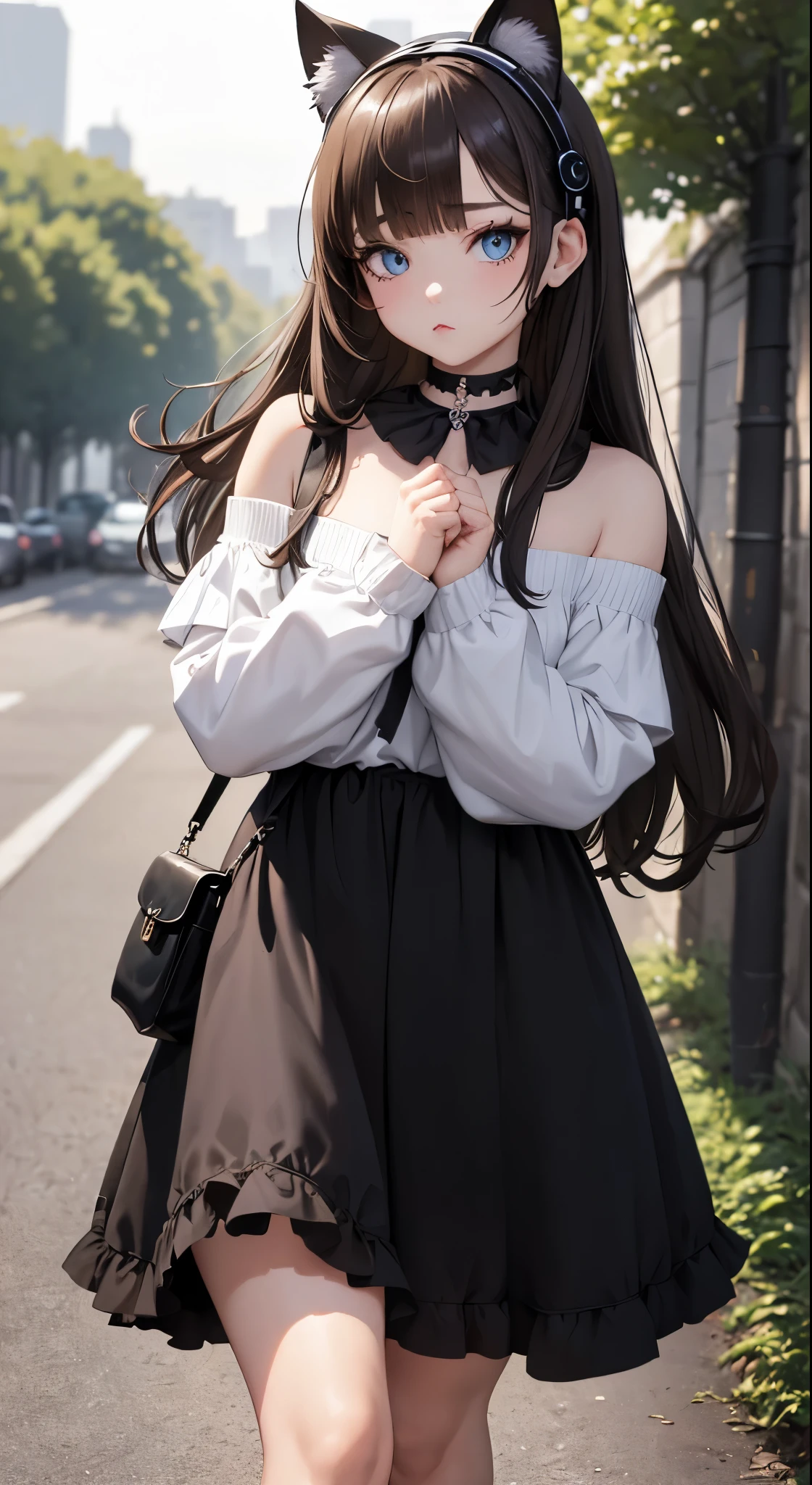 masterpiece, best quality, 1girl, solo, gothic black dress, moon choker, (walking in nature), round face, looking at viewer, head tilt, bored, blue eyes, cat ears headset, ((long straight brown hair)), (no hair bangs), chubby, tall, (chubby body), ((over the shoulder small purse))