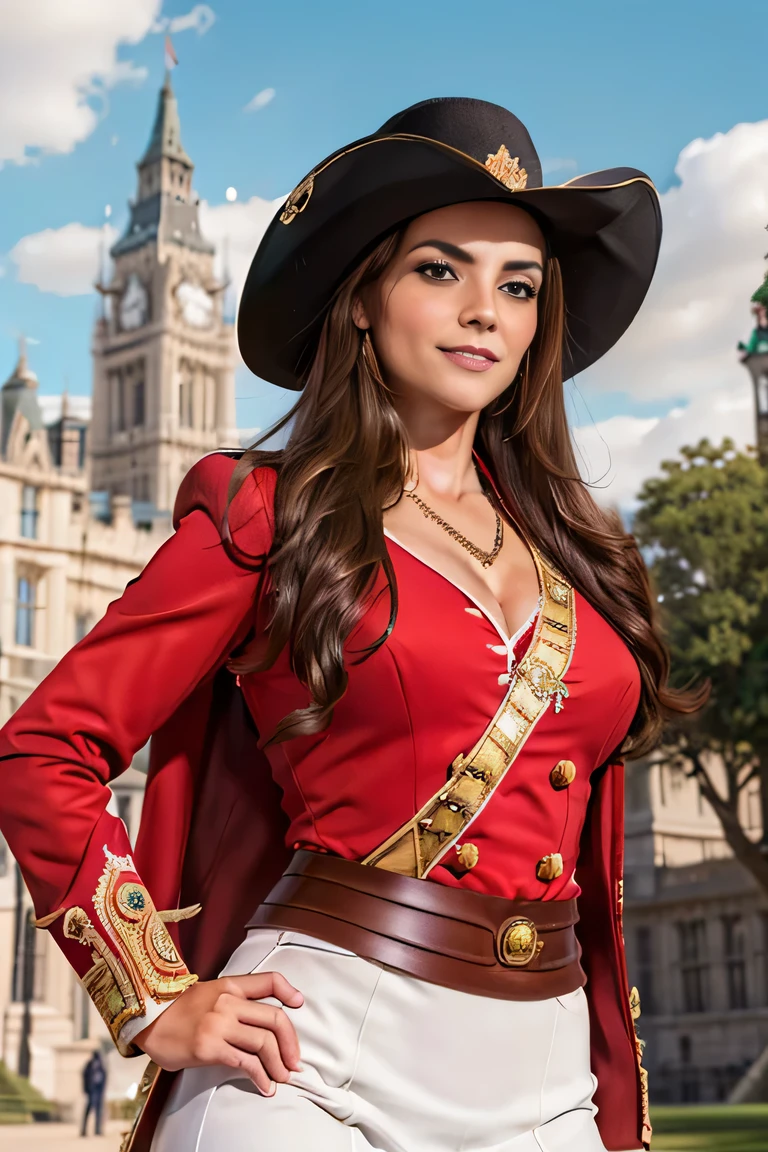 ((masterpiece)), ((best quality)), digital painting, ((photorealistic)), wide angle shooting, beautiful, sexy woman, brown eyes, long hair, eyebrows, facial details, wearing royal clothing, British royal guard, sexy, outdoors, sweet smile, facial details, perfect body anatomy, (red jacket, epaulettes), hat, cleavage, (tight short white skirt), elaborate soldier uniform, hips, big thighs, cowboy shot, facing the audience , Background, parliament building, Royal Palace, luxury, sky, clouds, (super, high detail), professional photographer (hyper detail), depth of field, sharp lighting, focus, (intricate detail), ultra UHD, 16k​ ​