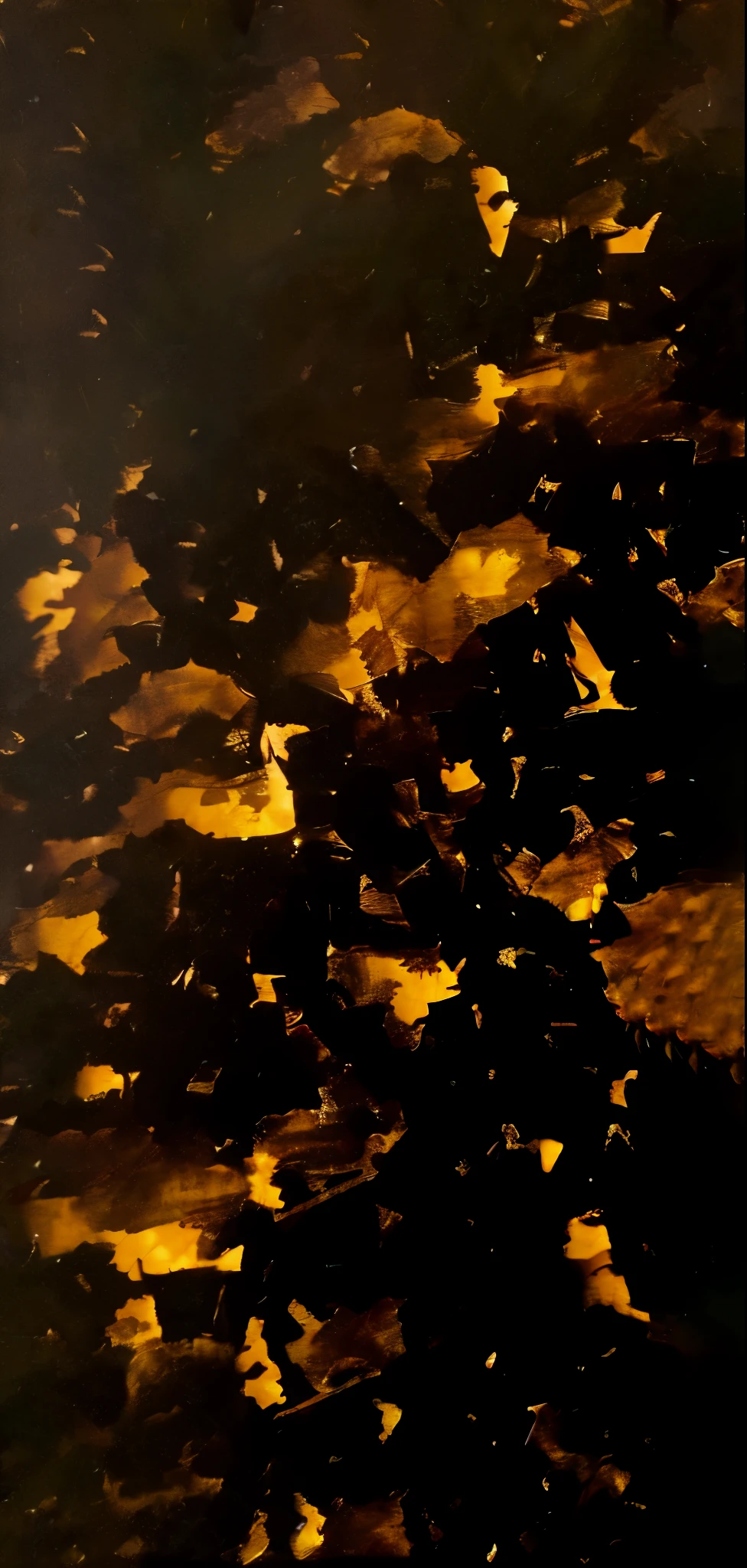 There is a photo of leaves floating in a pond, golden embers flying, gold flakess, gold flakes, gold leaves, touches of gold leaves子, Glowing golden embers, gold leaves子 painting, Scattered flakes of gold, touch of gold leaves子, paint on canvas, golden mottled light, gold leaves子, gold flakesd flowers, Golden spark, gold leaves子 texture