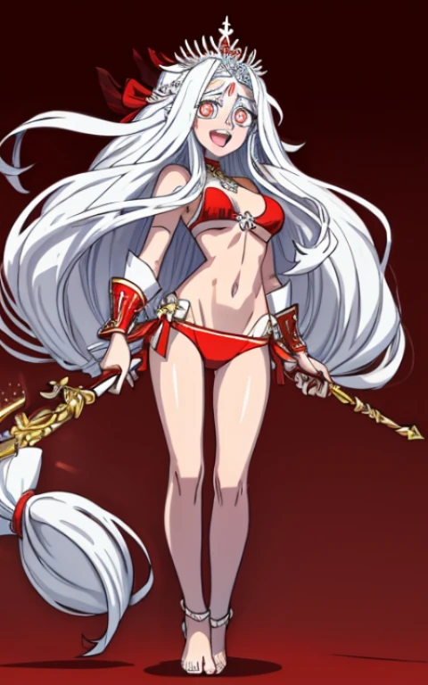 femele,long whitr hair,white color hair,(The beautiful,goodlooking),plain red background,Royal sister,open open mouth,The face is shy,Brown pupils,It's a perfect face,perfect body figure,Bigchest,The barefoot,Wearing a super tight bikini