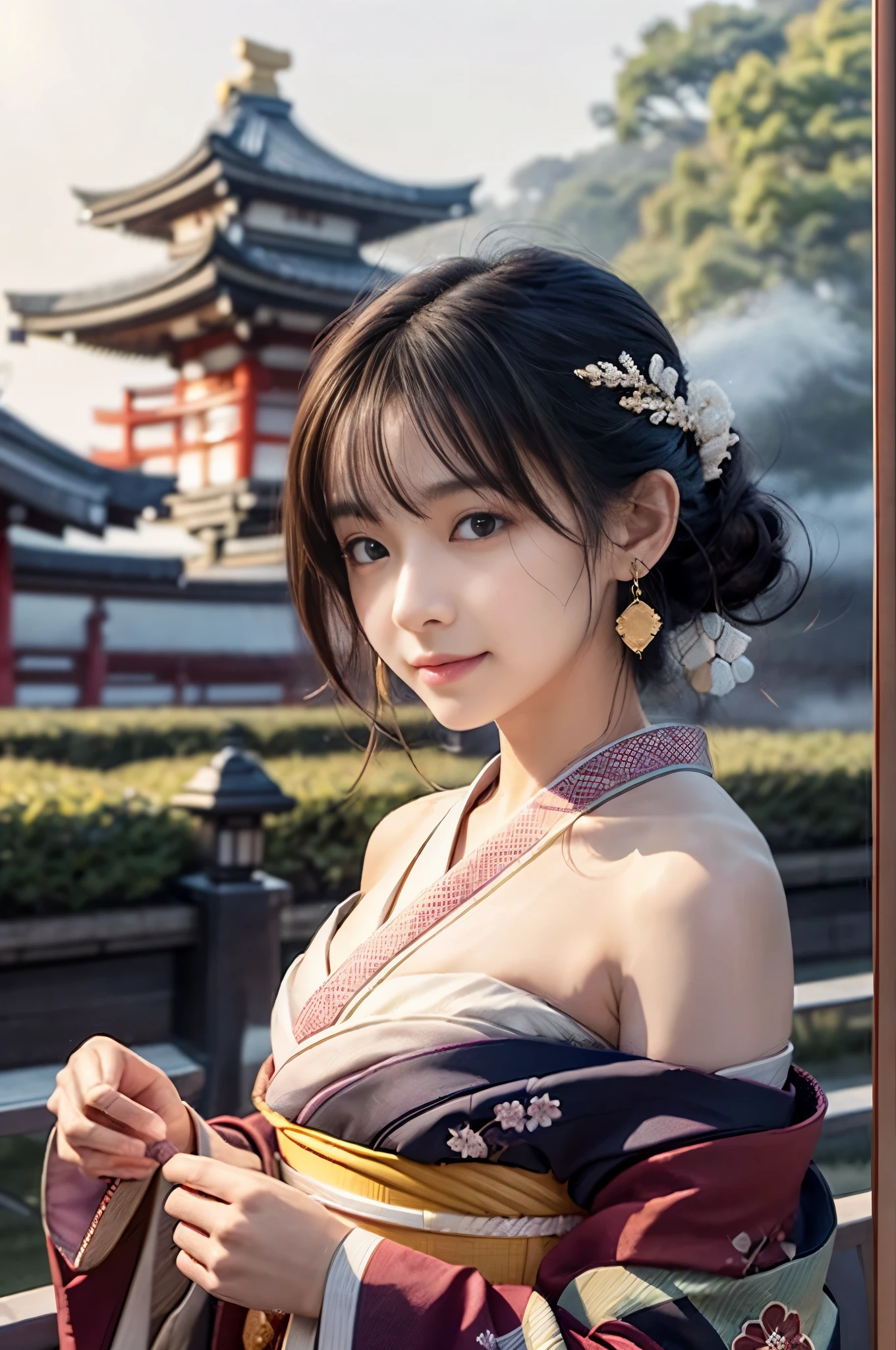 (Photoreal Stick:1.5, masutepiece:1.5, RAW shooting, 8K), (top-quality, ​masterpiece, 超A high resolution), morning, January, Precincts of the shrine, ((fog the lens:1.4)), ((Shoot with blur:1.5)), ((sunrises, Sunlight coming in from behind:1.6, Strong sunlight spreads across the screen:1.6)), ((Strong sunlight shines on a woman:1.7)), ((The entire screen appears white and hazy due to strong sunlight.:1.8)), ((The woman looks blurry due to the strong sunlight:1.9)), Face Sharp Focus:1.3, Professional camera work:1.3, Highly detailed skin and facial texture:1.3, Grow Light Effect, The ultra-detailliert:1.3, 1girl in, Fair skin, (Sense of clarity:1.4, a small face), Extremely beautiful face:1.5, (Sense of clarityを感じる目:0.9, looking distantly), A smile:1.0, i love you completely:0.8, (Slightly open mouth:0.4, Sense of clarityを感じる口当たり:0.7), 二重まぶた, Dark brown medium hair, necklace and earrings, (japanese kimono, off shoulders)