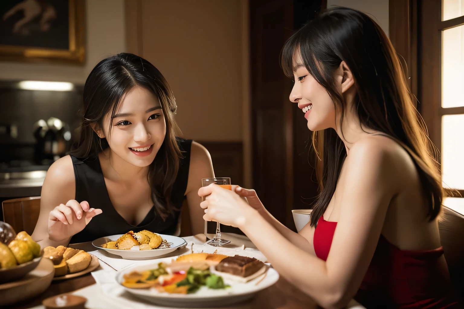 dinner party,,antique,A smile,,Sweet and seductive appearance.、Caravaggio's paintings、Chiaroscuro of Caravaggio,,Cute smile, Expression of ecstasy,erotick,A sexy,Seduce you,Two beautiful women