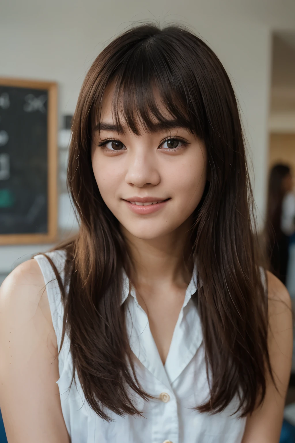 (Realistic, RAW photo), an upper body portrait photo of asian girl, natural pale and fine skin, 8k uhd, high quality, film grain, (Fujifilm XT3) ,dream_girl, dynamic expression, photo-real, cute, high_school_girl, long hair, silky hair, with bangs, with a smile, wearing a school uniform, at school