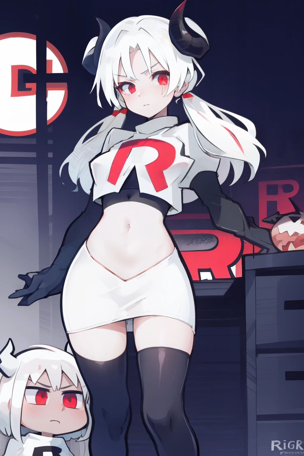 masterpiece, best quality, red eyes, white hair,demon horns, demon tail,team rocket,team rocket uniform,white skirt,red letter R,crop top,black thigh-highs,black elbow gloves, comic strip
