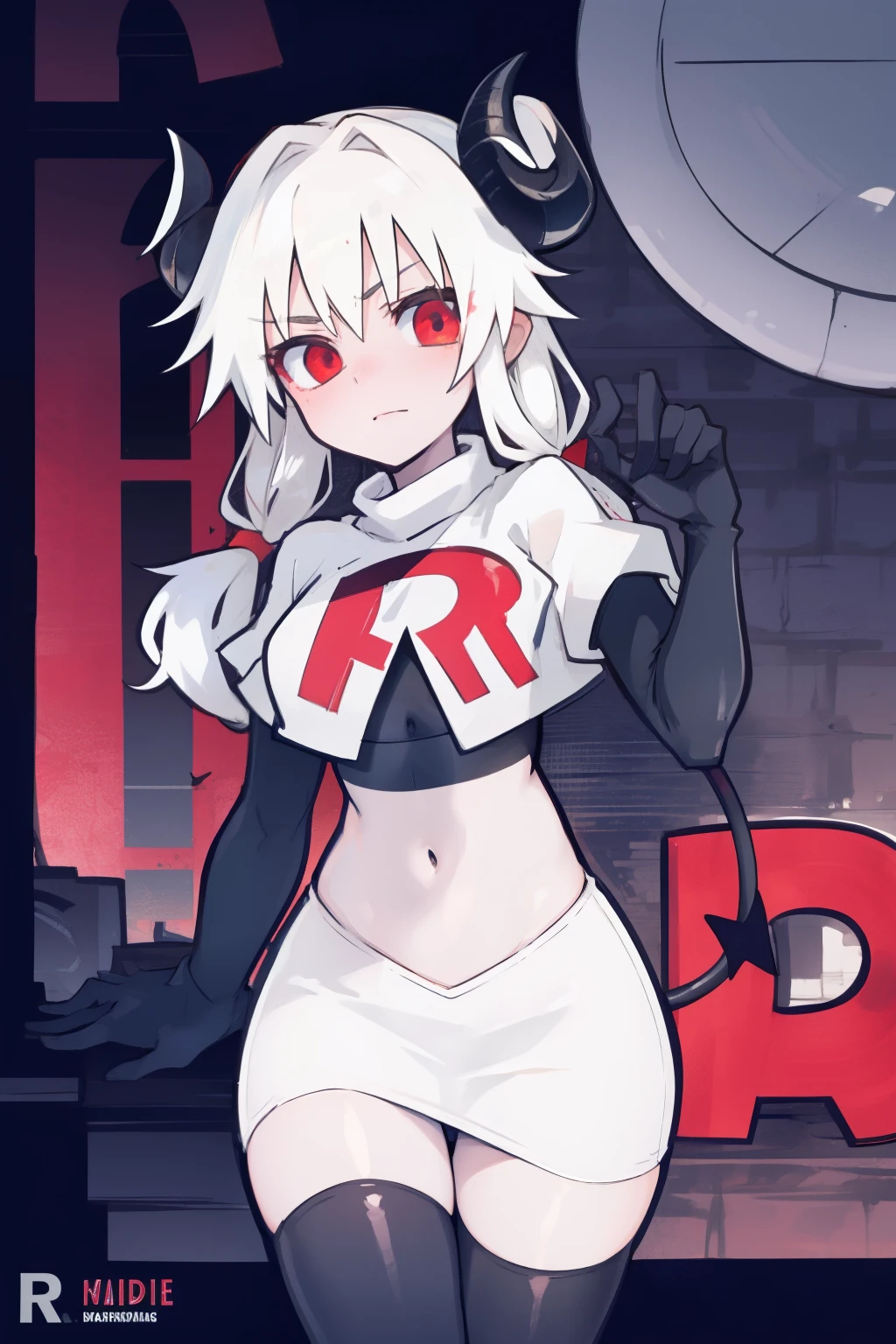 masterpiece, best quality, red eyes, white hair, twintails,black hair ribbons,demon horns, demon tail,team rocket,team rocket uniform,white skirt,red letter R,crop top,black thigh-highs,black elbow gloves, comic strip