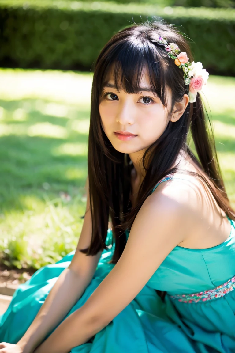 Beautiful girl wearing a summer dress、14years、japanes、(heavy wind)、wistfulness、Black hair straight long hair、With bangs、A look of relief、sandal、