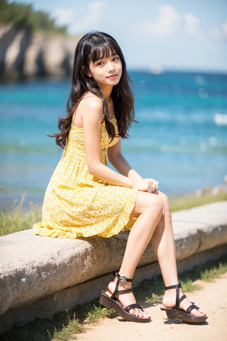 Beautiful girl wearing a summer dress、years、japanes、(heavy wind)、wistfulness、Black hair straight long hair、With bangs、A look of relief、sandal、