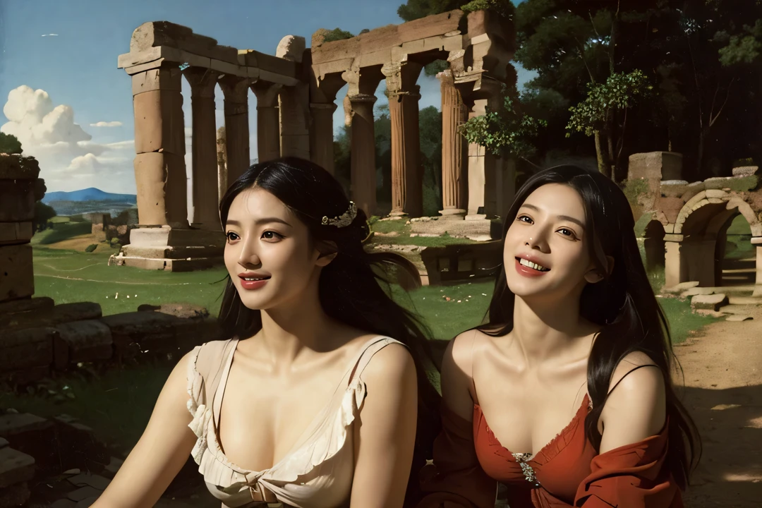 Ancient Roman ruins,Poussin-style landscape,A smile,,Sweet and seductive appearance.、Caravaggio's paintings、Chiaroscuro of Caravaggio、Hair disheveled in the wind,Two women frolicking,Cute smile, Expression of ecstasy,A sexy,Erotic
