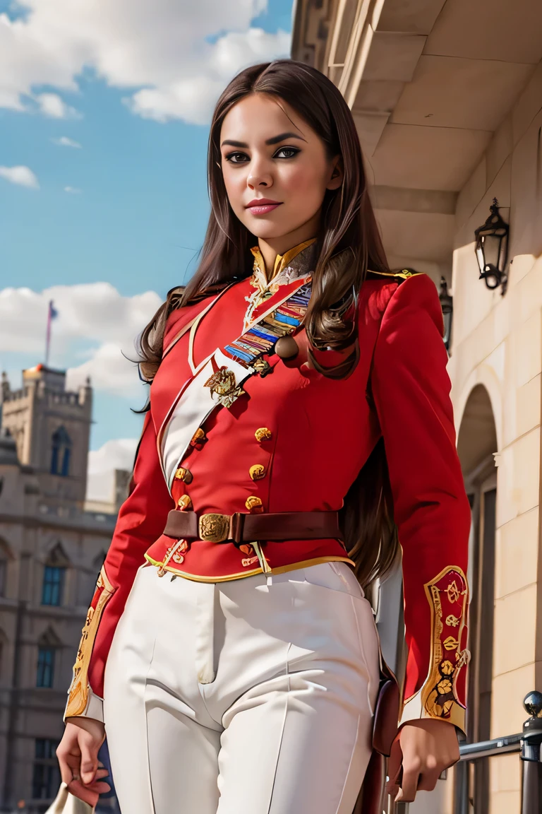 ((masterpiece)), ((best quality)), digital painting, ((photorealistic)), wide angle shooting, beautiful, sexy woman, brown eyes, long hair, eyebrows, facial details, wearing a royal uniform, (red jacket, epaulettes), (tight white trousers), British royal guard, sexy, outdoors, sweet smile, facial details, perfect body anatomy, cleavage, , complicated soldier uniform, hips, big thighs, cowboy shot, facing the audience, Background, parliament building, Royal Palace, luxury, sky, clouds, (super, high detail), professional photographer (hyper detail), depth of field, sharp lighting, focus, (intricate detail), ultra UHD, 16k​ ​