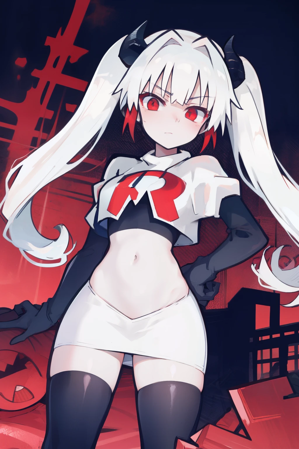 masterpiece, best quality, red eyes, white hair, twintails,black hair ribbons,demon horns, demon tail,team rocket,team rocket uniform,white skirt,red letter R,crop top,black thigh-highs,black elbow gloves, comic strip