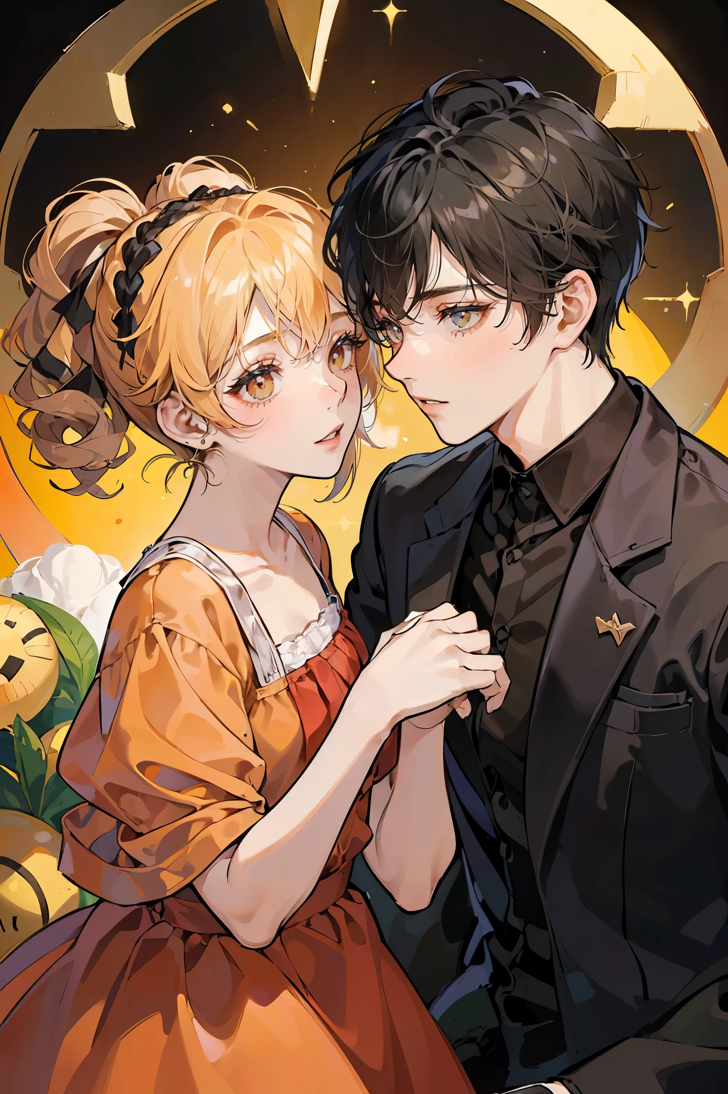 (((A couple looking at each other))) [(((1 chico rubio))) (((ojos naranjas)))] [(((1 chica de cabello verde oscuro lacio))) (((ojos negroantasy clothing)))