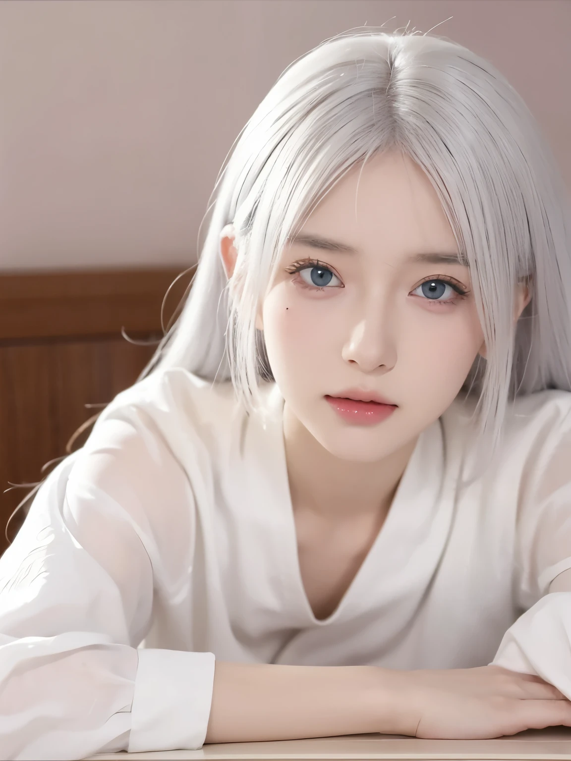 Be a girl with pink skin, pretty eyes (red eyes) as deep as the night sky, Half sad face lying on the table, White hair, looking at you, With anime/Semi-realistic art style