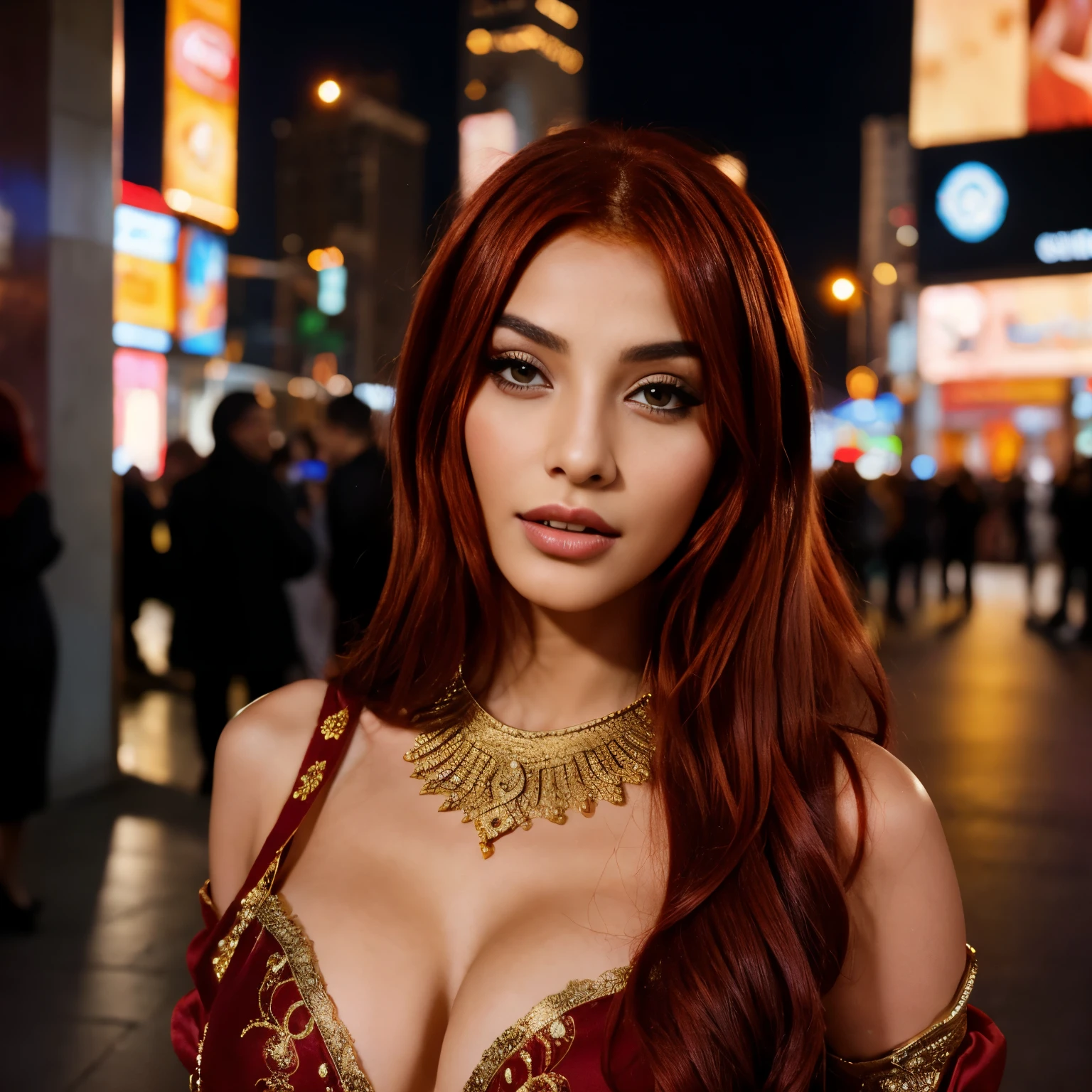 a woman with red hair, arabic goddess, traditional beauty, arabic, beautiful goddess, middle eastern girl, arabic super model, beautiful, gorgeous woman, middle eastern with long, sweet shy arabic, gorgeous beautiful woman, Arabian aesthetic, beautiful middle eastern girl, extremely detailed goddess shot, jaw-dropping beauty, see though dress, spotlights behind her, full height, wearing a cute outfit, in New York City celebrating new years, red hair, fiery red hair, happy