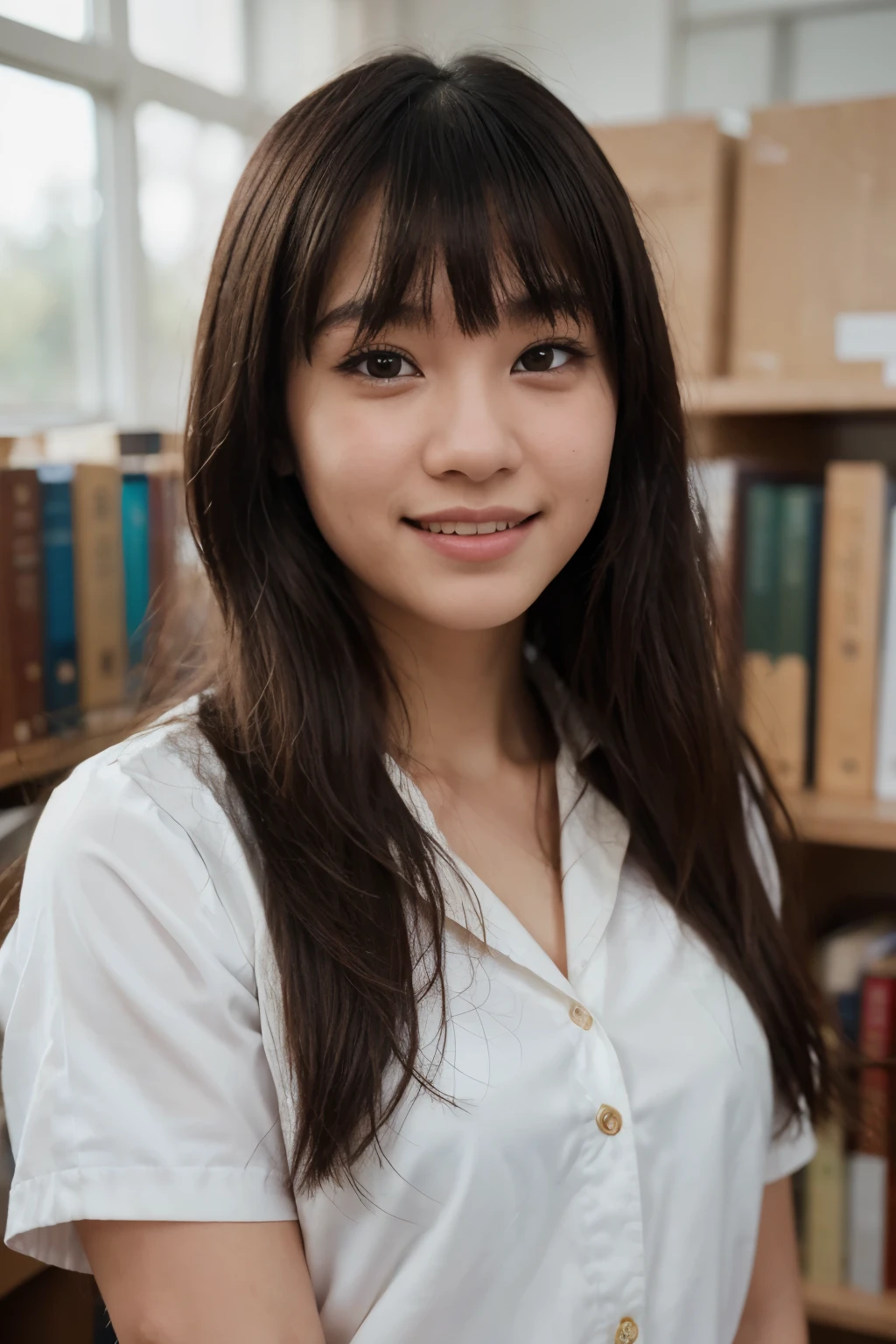 (Realistic, RAW photo), an upper body portrait photo of asian girl, natural pale and fine skin, 8k uhd, high quality, film grain, (Fujifilm XT3) ,dream_girl, dynamic expression, photo-real, cute, high_school_girl, long hair, silky hair, with bangs, with a smile, wearing a school uniform, in the library
