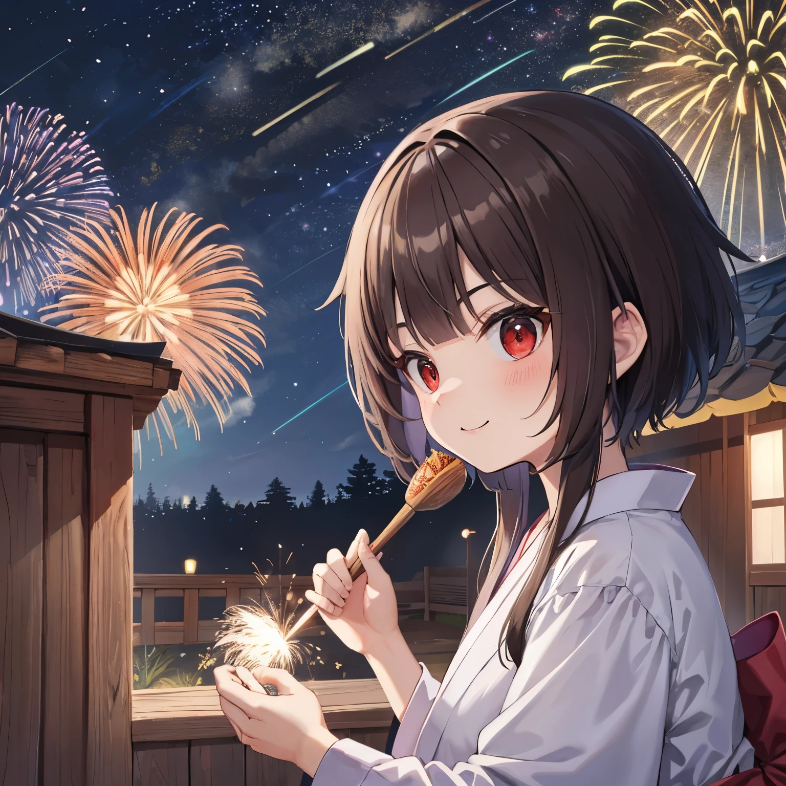 Fireworks full of the night sky、Fireworks background、Noite、****** oi-escola (Megumin)、soio、pequeno bonito、seios pequenos、Virado para os lados、um sorriso、uma ****** da beleza、brown hair、Rabo de osso、Japoneses、夏天、yukata floral、Obra-prima do perfil, qualidade superior, alta resolução, ighly detalhado, Antecedentes detalhados, cinemac lighting , Fantastic night view with bokeh、fora de casa, red eyes, cabelos castanhos, cabelos curtos.