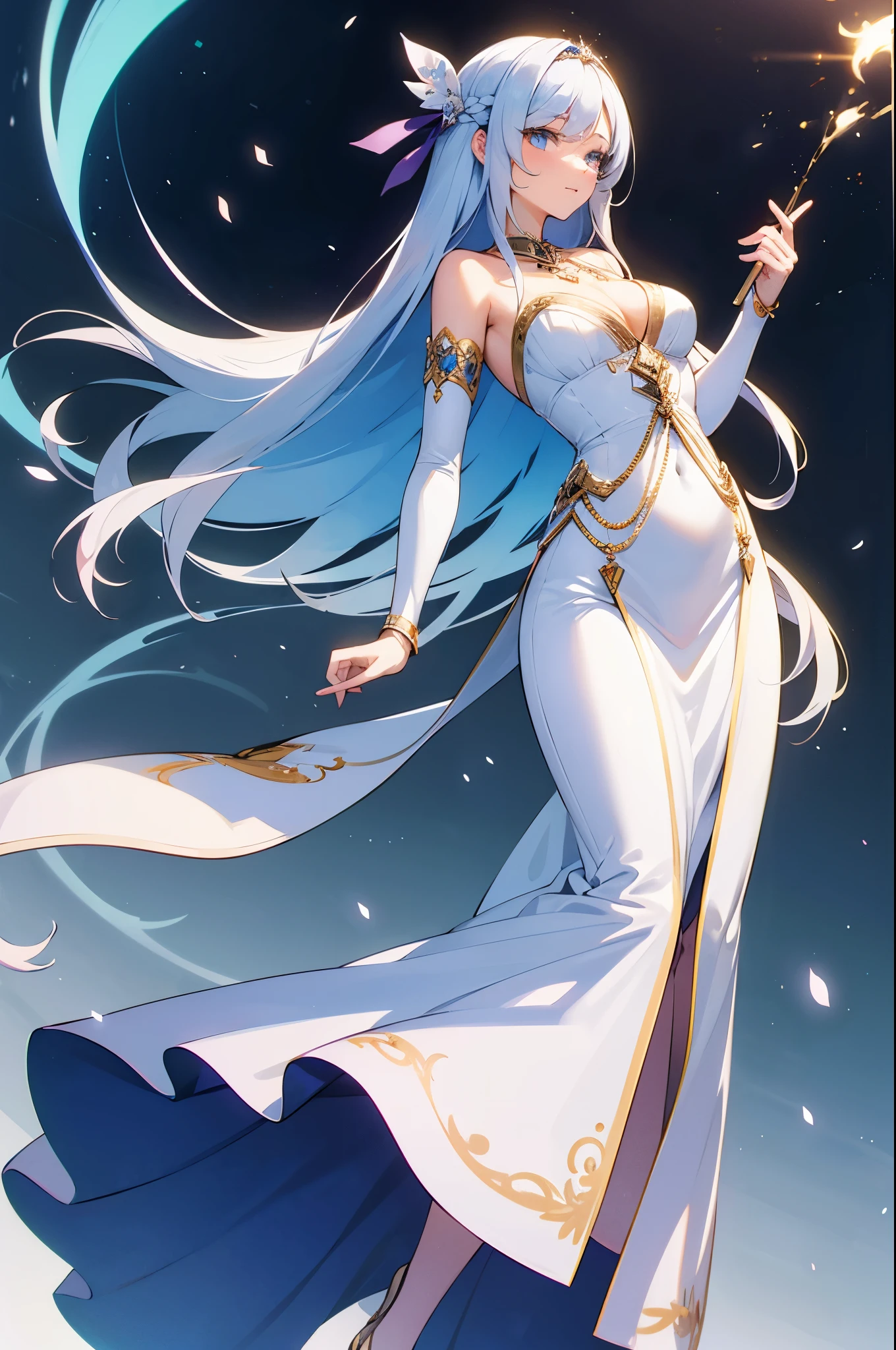 1 girl, long whitr hair, bright hair eyes, Mysterious Expression, Mature appearance, glamorous dresses, A flowing dress, Elegant jewelry, complicated decoration, Magic symbols, Luminous accessories, potion, pergaminhos, Lovely accents, the bow, ribbons, blossoms,