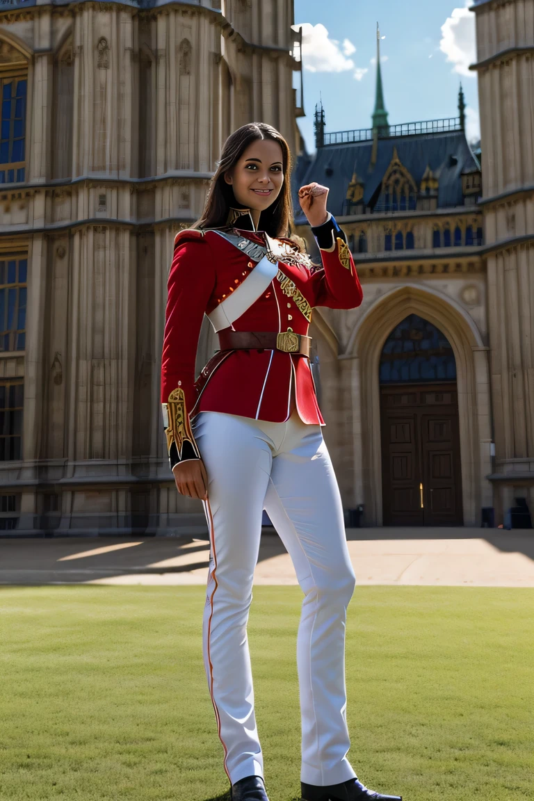 ((masterpiece)), ((best quality)), digital painting, ((photorealistic)), wide angle shooting, beautiful, sexy woman, brown eyes, long hair, eyebrows, facial details, wearing a royal uniform, ((red jacket , epaulets)),cleavage, (tight white trousers), British royal guard uniform, sexy, outdoors, sweet smile, perfect body anatomy, complicated soldier uniform, hips, big thighs, cowboy shot, facing the audience, background Back, parliament building, Royal Palace, luxury, sky, clouds, (super, high detail), professional photographer (hyper detail), depth of field, sharp lighting, focus, (intricate detail), ultra UHD, 16k​ ​