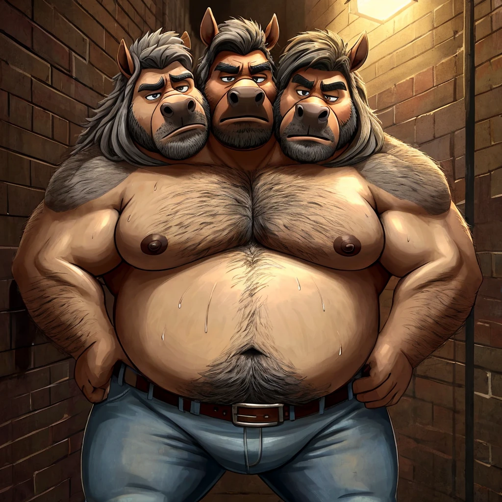 three heads one body, horse, grumpy, frowning, tired, annoyed, obese, fat, older male, old, dark alley background, streetlight, graffiti, anatomically correct eyes, shirtless, jeans, belt, sweaty, hairy, gross, hands on hips, disgusting art style, masculine art style, Dreamworks style, Pixar art style, Disney art style, rugged art style, dirty art style, gray hair, eyes looking down, cheek to cheek, identical, birds eye view