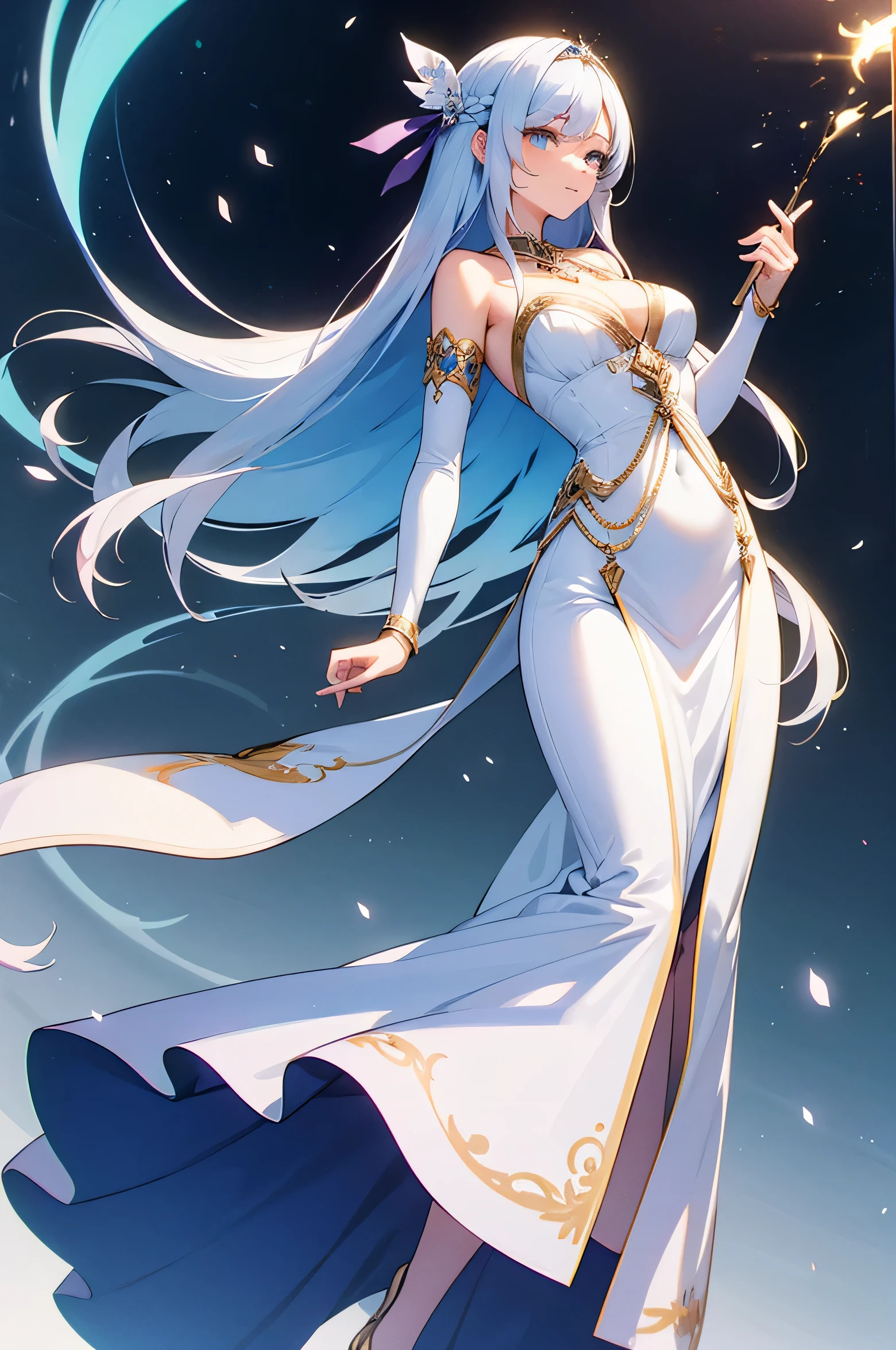 1 girl, Long gray hair, bright hair eyes, Mysterious Expression, Mature appearance, glamorous dresses, A flowing dress, Elegant jewelry, complicated decoration, Magic symbols, Luminous accessories, potion, parchment, Lovely accents, the bow, ribbons, blossom flower,