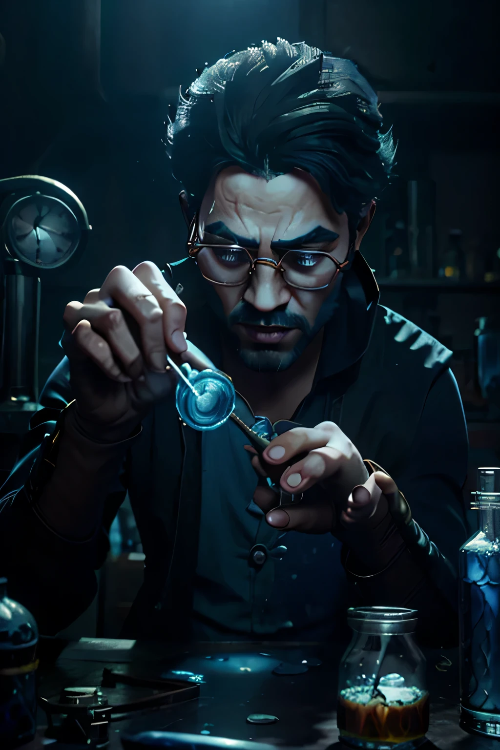 Cartoon style handsome man stirring magic potions in sick laboratory, using doctors' glasses and gloves to make a blue potion, detalhado e complexo, Full HD, 4k