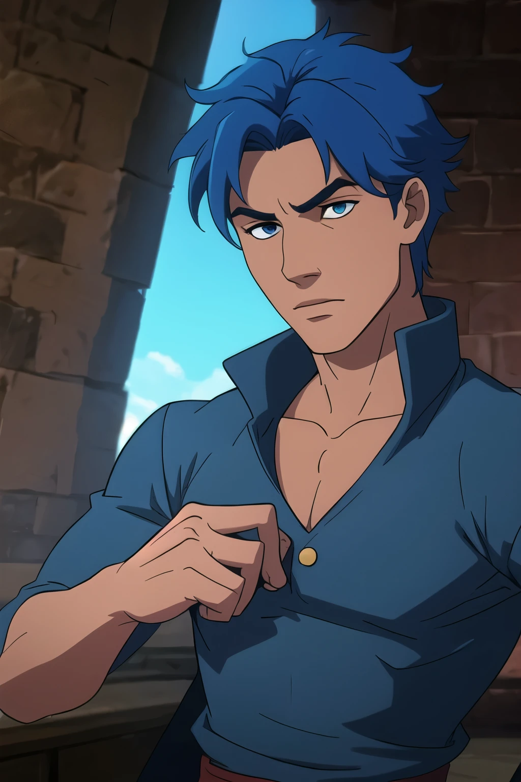 Bright Blue haired man, Hero, named parzival