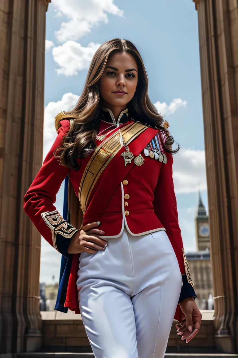 ((masterpiece)), ((best quality)), digital painting, ((photorealistic)), wide angle shooting, beautiful, sexy woman, brown eyes, long hair, eyebrows, facial details, wearing a royal uniform, ((red jacket , epaulets)),cleavage, (tight white trousers), British royal guard uniform, sexy, outdoors, sweet smile, perfect body anatomy, complicated soldier uniform, hips, big thighs, cowboy shot, facing the audience, background Back, parliament building, Royal Palace, luxury, sky, clouds, (super, high detail), professional photographer (hyper detail), depth of field, sharp lighting, focus, (intricate detail), ultra UHD, 16k​ ​