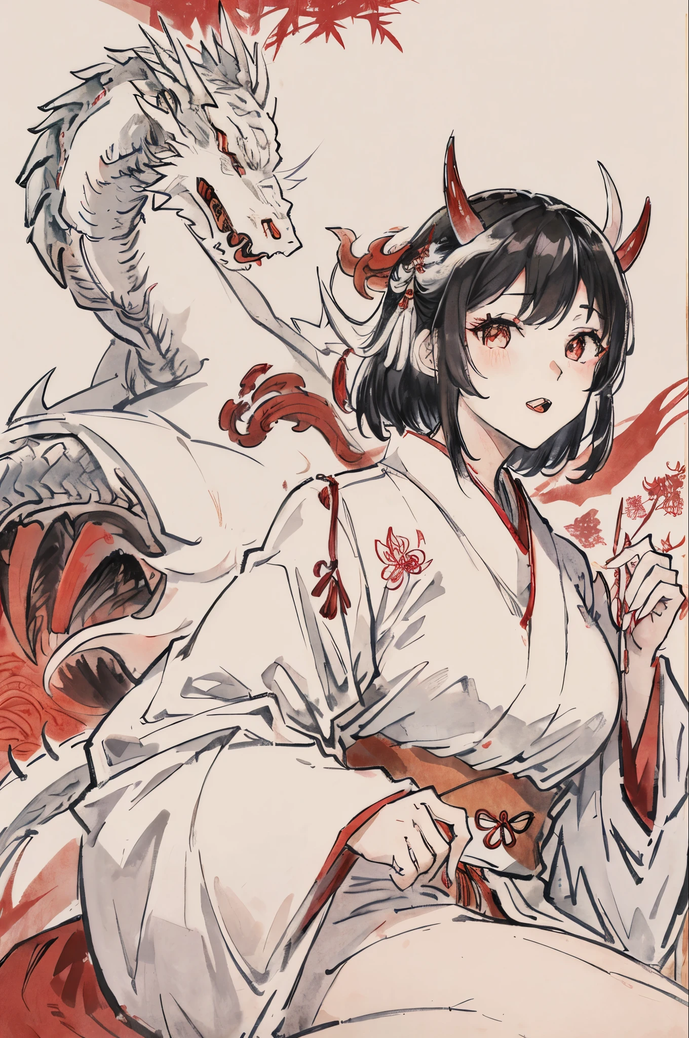 Bamboo bush、A Japanese style、Woman in white kimono、Dragon horn、erect through、double tooth、独奏、White and red background