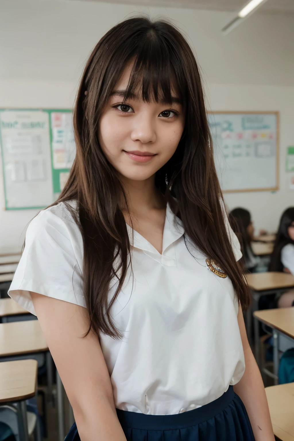 (Realistic, RAW photo), an upper body portrait photo of asian girl, natural pale and fine skin, 8k uhd, high quality, film grain, (Fujifilm XT3) ,dream_girl, dynamic expression, photo-real, cute, high_school_girl, long hair, silky hair, with bangs, with a smile, wearing a school uniform, in the classroom