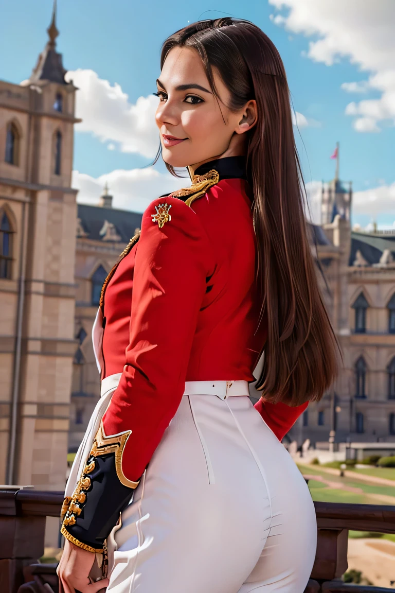 ((masterpiece)), ((best quality)), digital painting, ((photorealistic)), wide angle shooting, beautiful, sexy woman, brown eyes, long hair, eyebrows, facial details, wearing a royal uniform, ((red jacket , epaulets)),cleavage, (tight white trouserritish royal guard uniform, sexy, outdoors, sweet smile, perfect body anatomy, complicated soldier uniform, hips, big thighs, cowboy shot, facing the audience, background Back, parliament building, Royal Palace, luxury, sky, clouds, (super, high detail), professional photographer (hyper detail), depth of field, sharp lighting, focus, (intricate detail), ultra UHD, 16k 