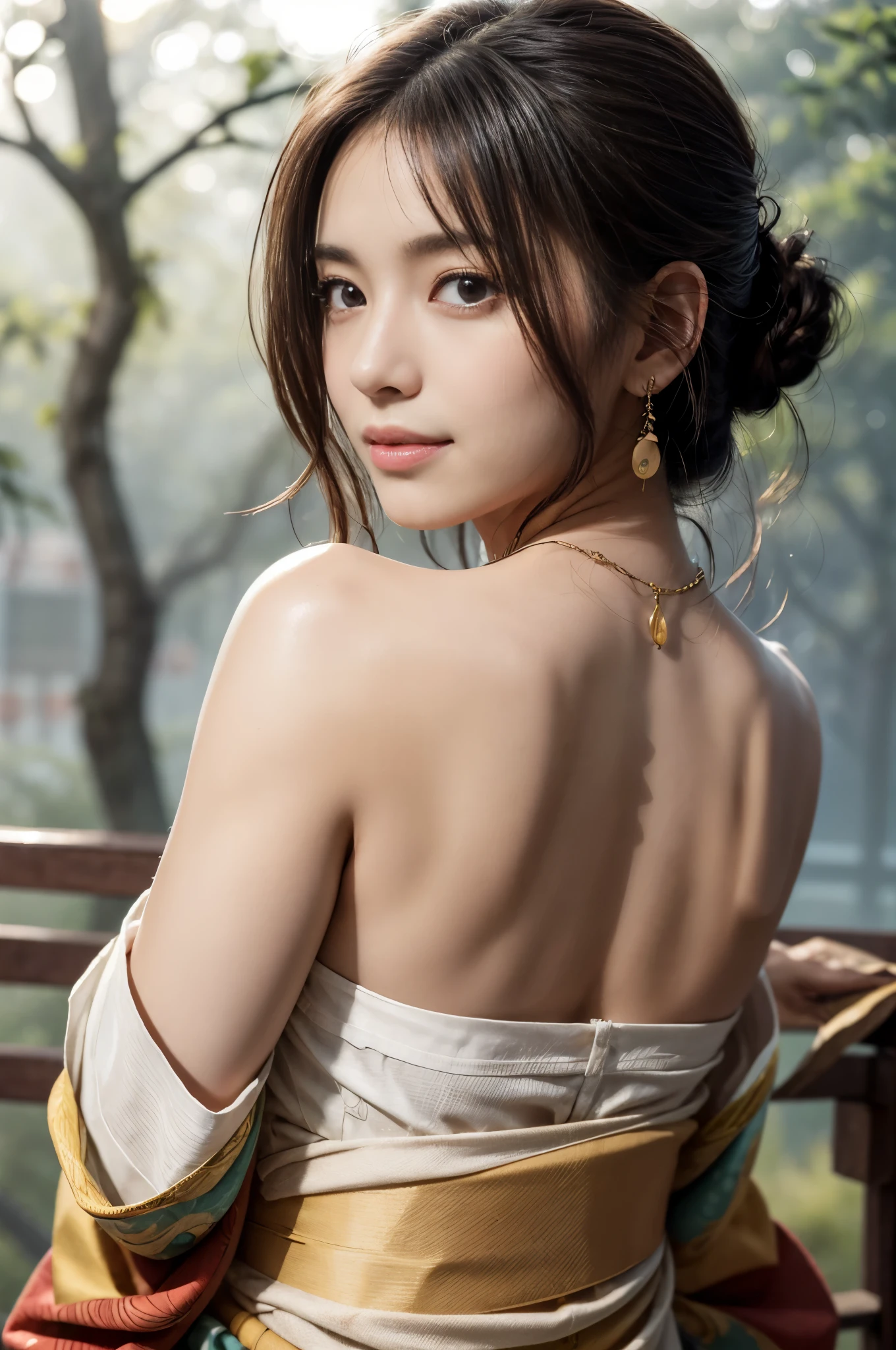 (Photoreal Stick:1.5, masutepiece:1.5, RAW shooting, 8K), (top-quality, masterpiece, 超A high resolution), morning, January, Precincts of the shrine, ((fog the lens:1.4)), ((Shoot with blur:1.5)), ((sunrises, Sunlight coming in from behind:1.6, Strong sunlight spreads across the screen:1.6)), ((Strong sunlight shines on a woman:1.7)), ((The entire screen appears white and hazy due to strong sunlight.:1.8)), ((The woman looks blurry due to the strong sunlight:1.9)), Face Sharp Focus:1.3, Professional camera work:1.3, Highly detailed skin and facial texture:1.3, Grow Light Effect, The ultra-detailliert:1.3, 1girl in, Fair skin, (Sense of clarity:1.4, a small face), Extremely beautiful face:1.5, (Sense of clarityを感じる目:0.9, looking distantly), A smile:1.0, i love you completely:0.8, (Slightly open mouth:0.4, Sense of clarityを感じる口当たり:0.7), 二重まぶた, Dark brown medium hair, necklace and earrings, (japanese kimono, off shoulders)