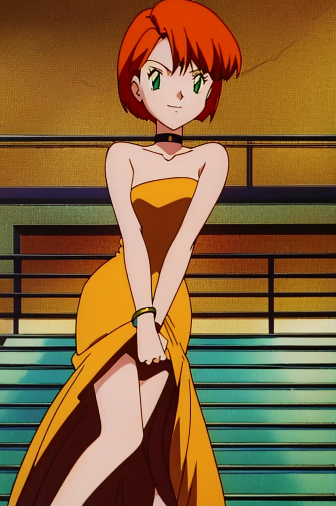 1 girl, solo, green eyes, beautiful detail eyes, orange hair, bob hair, short hair, medium chest, little red dress, strapless dress, skin-tight dress, lovely legs, black choker, gold bracelet, smile, fancy hotel background, anime style,