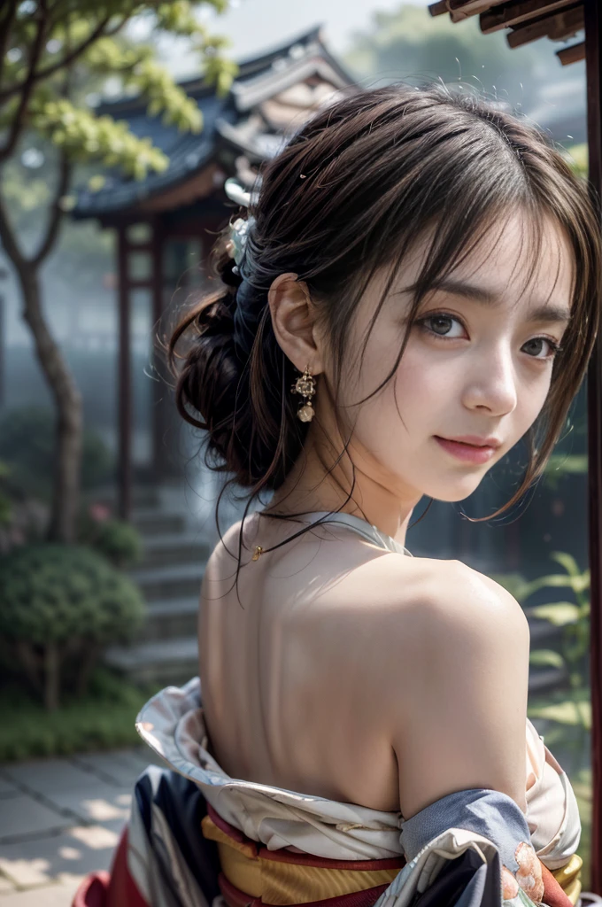 (Photoreal Stick:1.5, masutepiece:1.5, RAW shooting, 8K), (top-quality, masterpiece, 超A high resolution), morning, January, Precincts of the shrine, ((fog the lens:1.4)), ((Shoot with blur:1.5)), ((sunrises, Sunlight coming in from behind:1.6, Strong sunlight spreads across the screen:1.6)), ((Strong sunlight shines on a woman:1.7)), ((The entire screen appears white and hazy due to strong sunlight.:1.8)), ((The woman looks blurry due to the strong sunlight:1.9)), Face Sharp Focus:1.3, Professional camera work:1.3, Highly detailed skin and facial texture:1.3, Grow Light Effect, The ultra-detailliert:1.3, 1girl in, Fair skin, (Sense of clarity:1.4, a small face), Extremely beautiful face:1.5, (Sense of clarityを感じる目:0.9, looking distantly), A smile:1.0, i love you completely:0.8, (Slightly open mouth:0.4, Sense of clarityを感じる口当たり:0.7), 二重まぶた, Dark brown medium hair, necklace and earrings, (japanese kimono, off shoulders)
