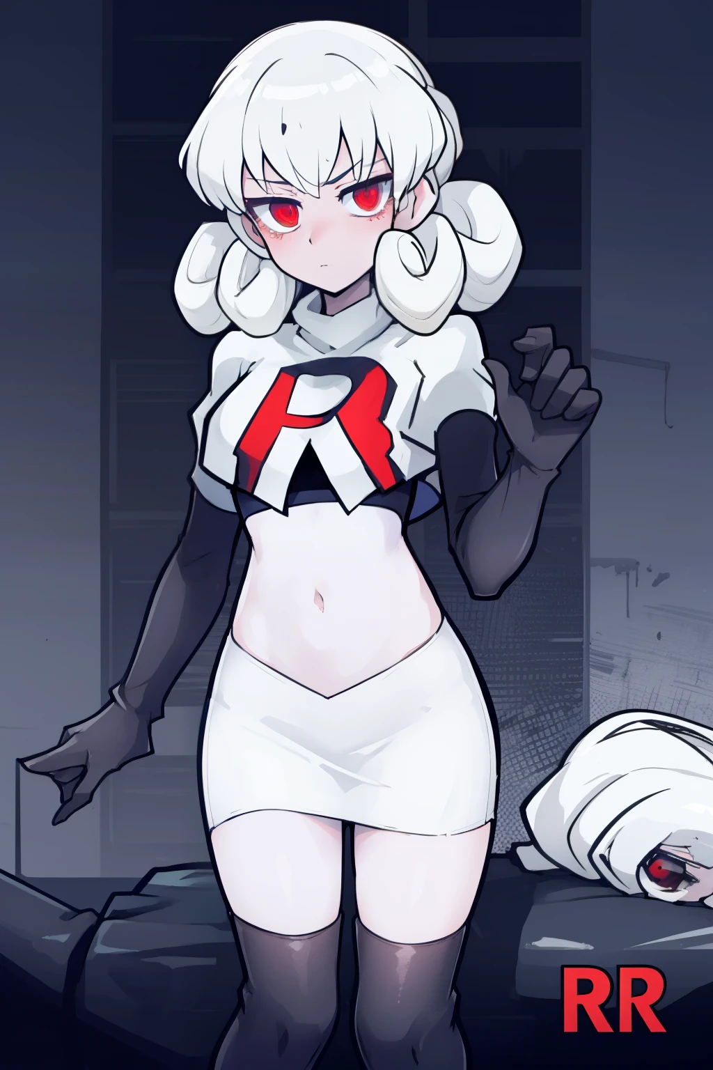 masterpiece, best quality, red eyes, white curly kair, team rocket,team rocket uniform,white skirt,red letter R,crop top,black thigh-highs,black elbow gloves, comic strip